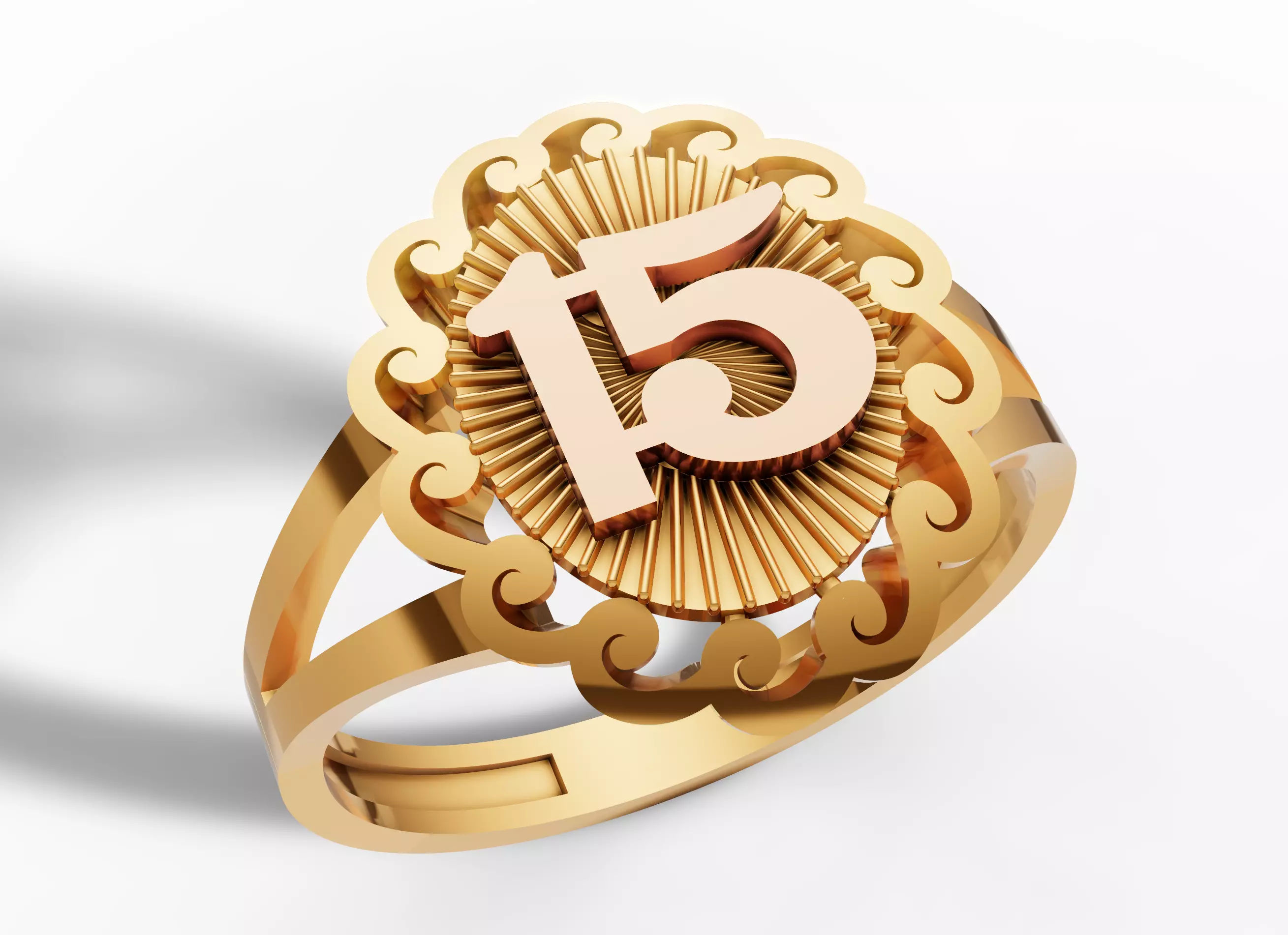 Golden Horizon Sculpted Sunburst 15 Quinceanera Ring 3D print model