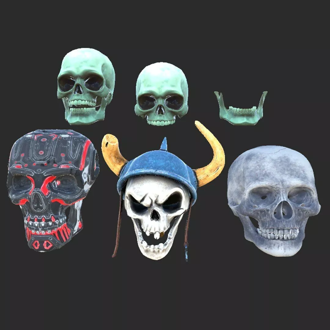 Stylized 3D Skull Collection with Viking Helmet Cyber Skulls Free 3D model