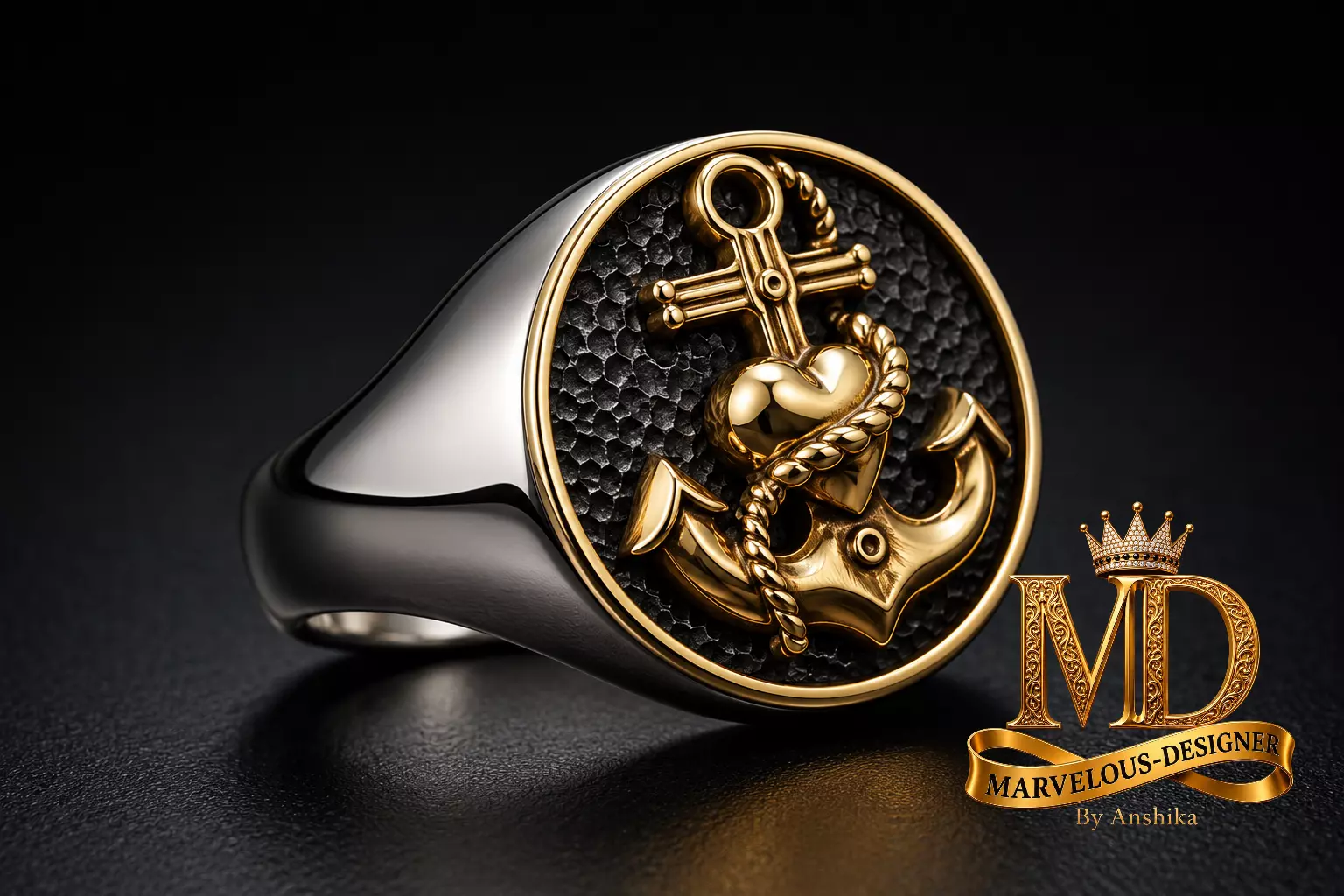 Nautical Anchor Heart Signet Ring 3D print model