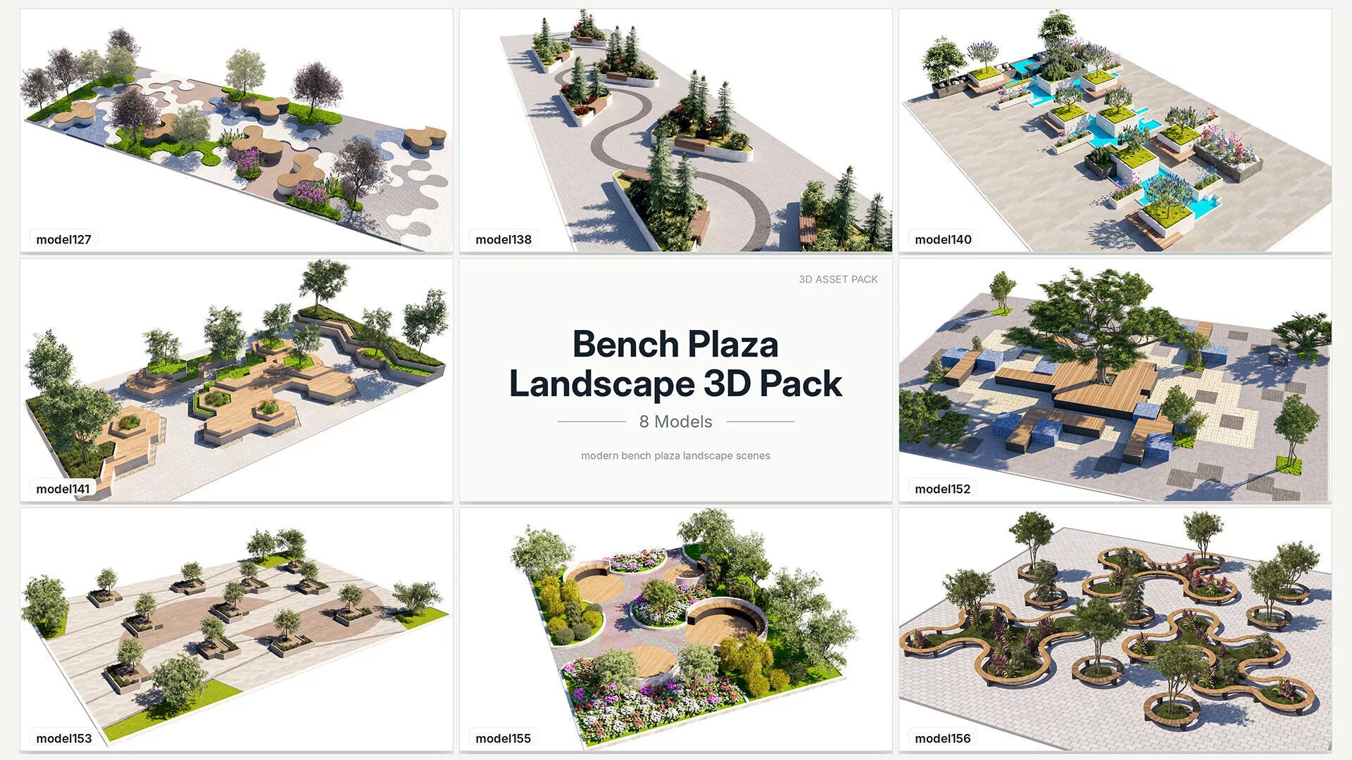 8 Bench Plaza Landscape 3D Model Pack 02 Low-poly 3D model
