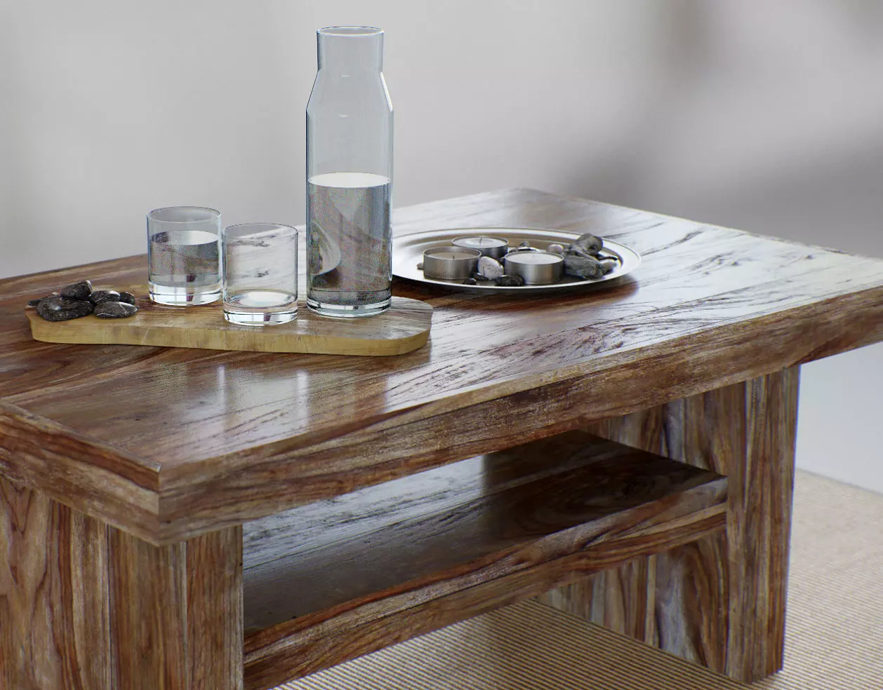 Table Wooden Living Room - Fully Decorated PBR Scene Low-poly 3D model_0