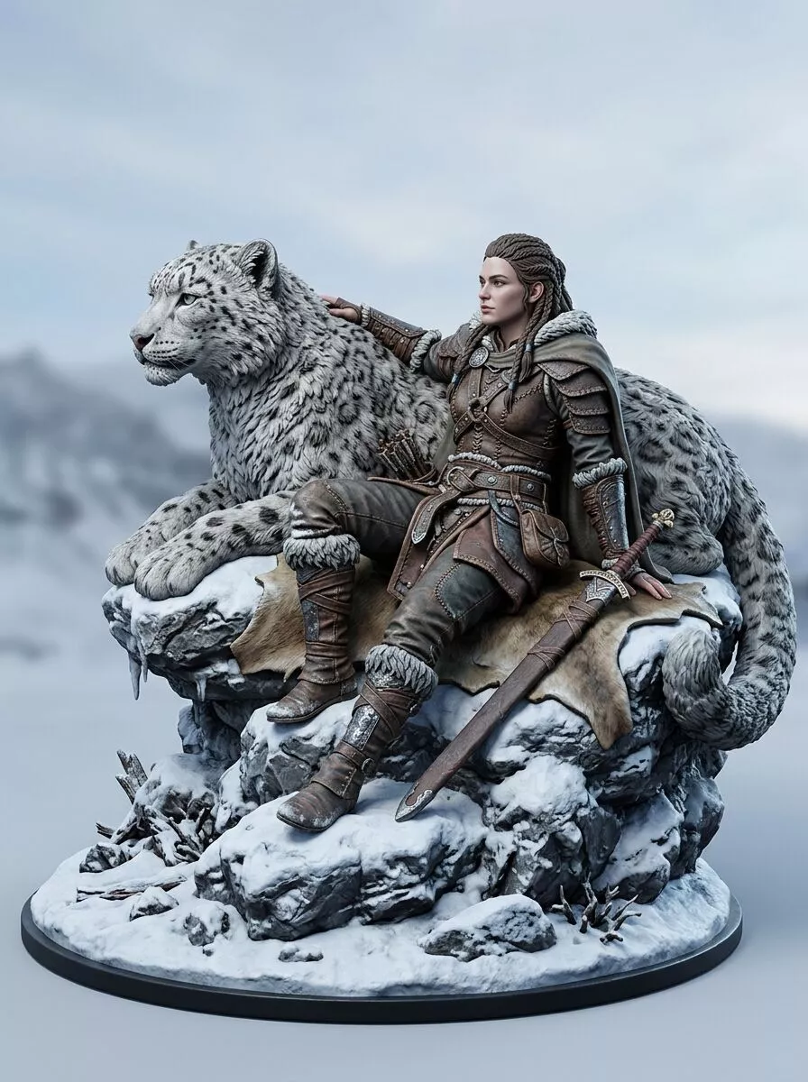 Female Ranger Huntress Snow Leopard Companion Diorama Statue 3D print model