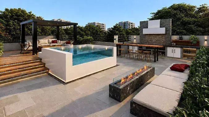 Modern Roof Garden with Pool BBQ Fire Pit Pergola Terrace Design