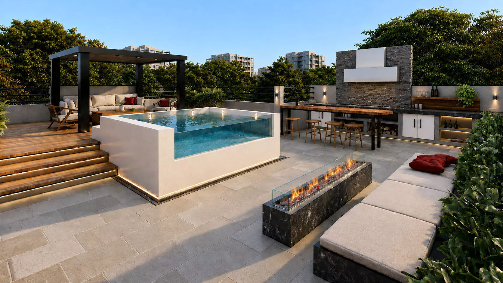 Modern Roof Garden with Pool BBQ Fire Pit Pergola Terrace Design 3D model