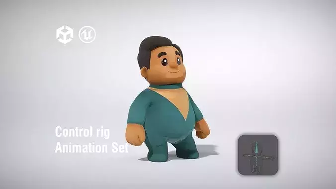 Cheerful cartoon character in a teal outfit low poly 3d model