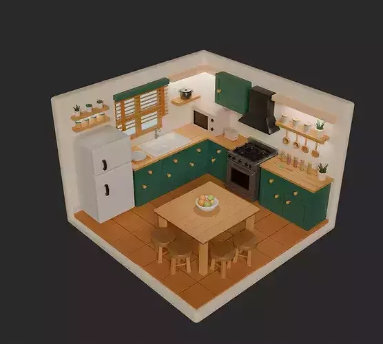 Stylized Isometric Kitchen Interior - Game Ready
