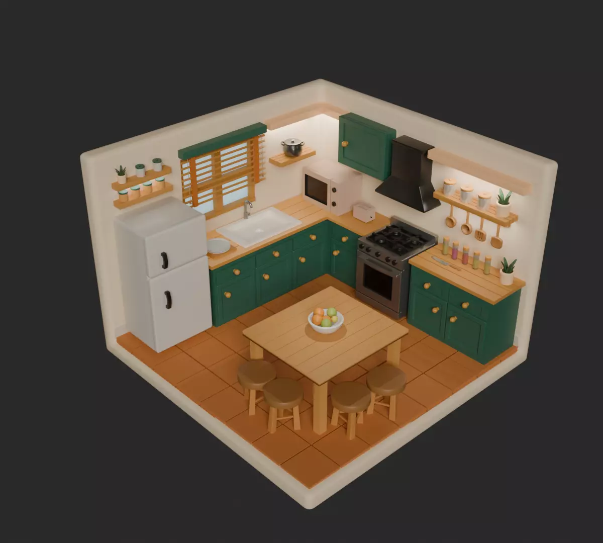 Stylized Isometric Kitchen Interior - Game Ready Low-poly 3D model