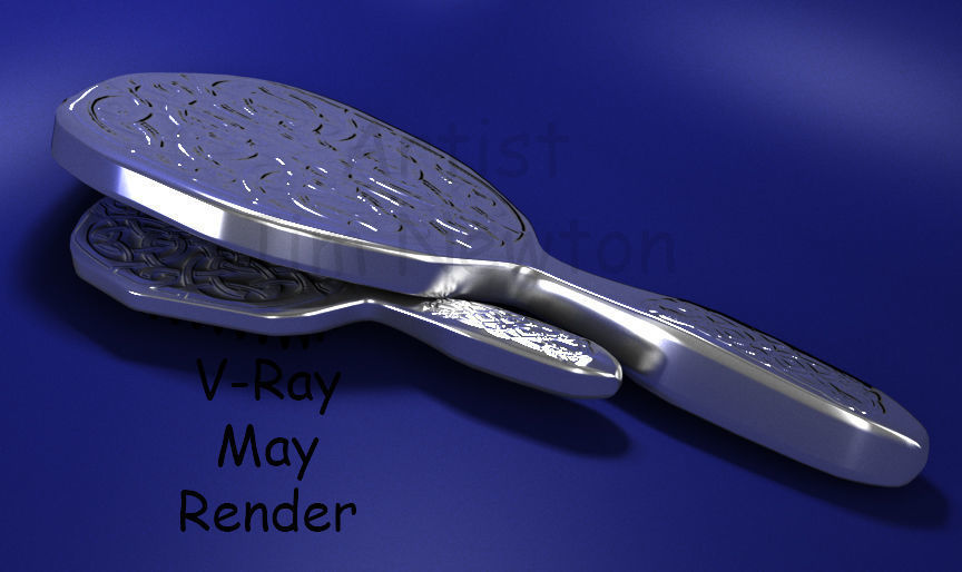 silver Hair Brush and Mirror Set 3D model_2