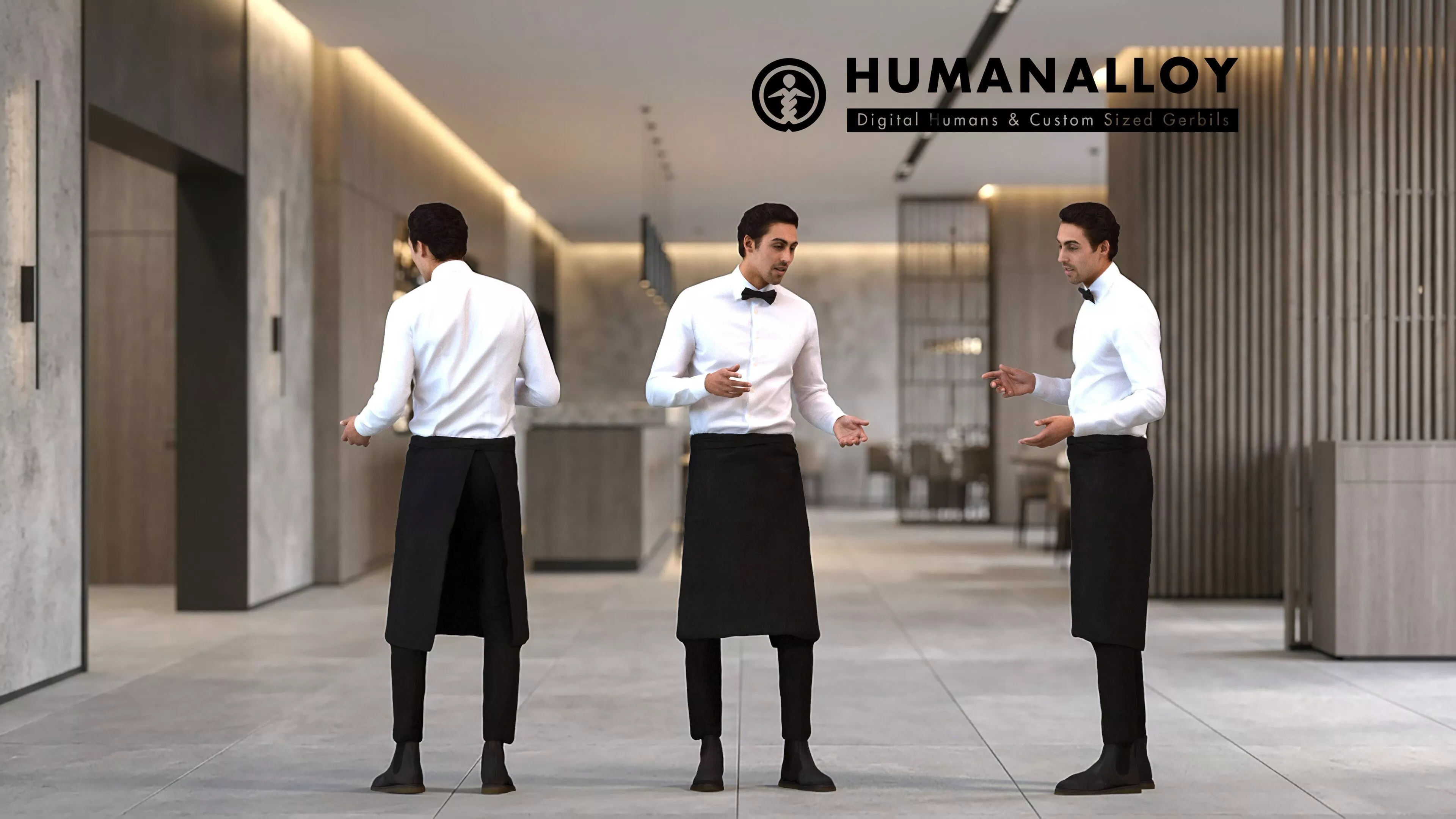 Adult Middle Eastern man talking in hospitality setting wearing 3D model