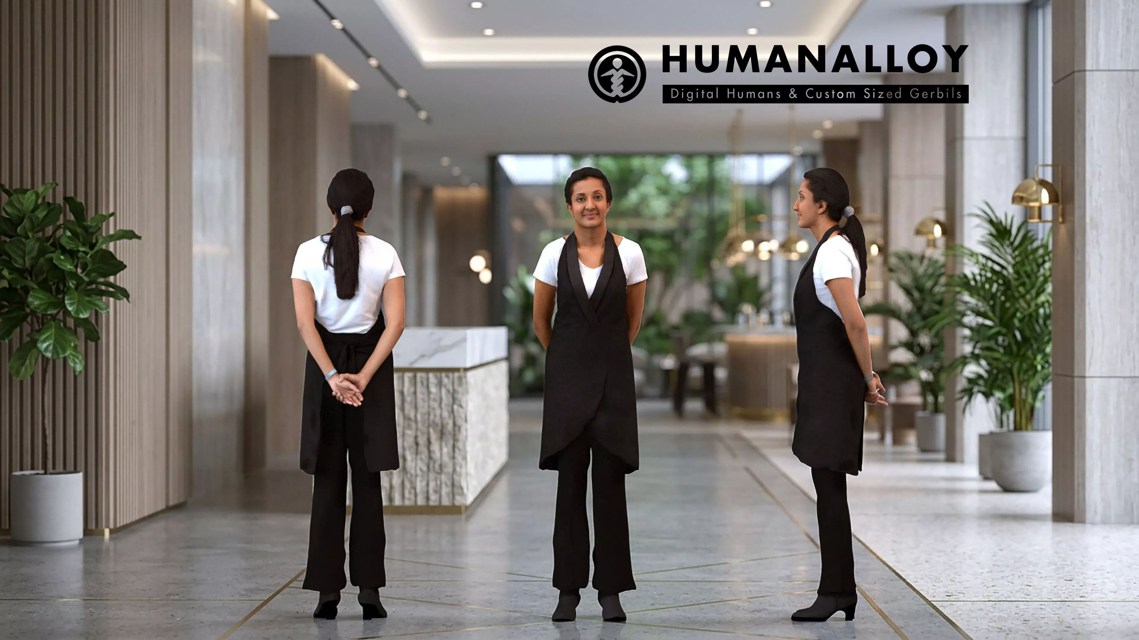 Adult Indian woman waiting in hospitality setting wearing 3D model