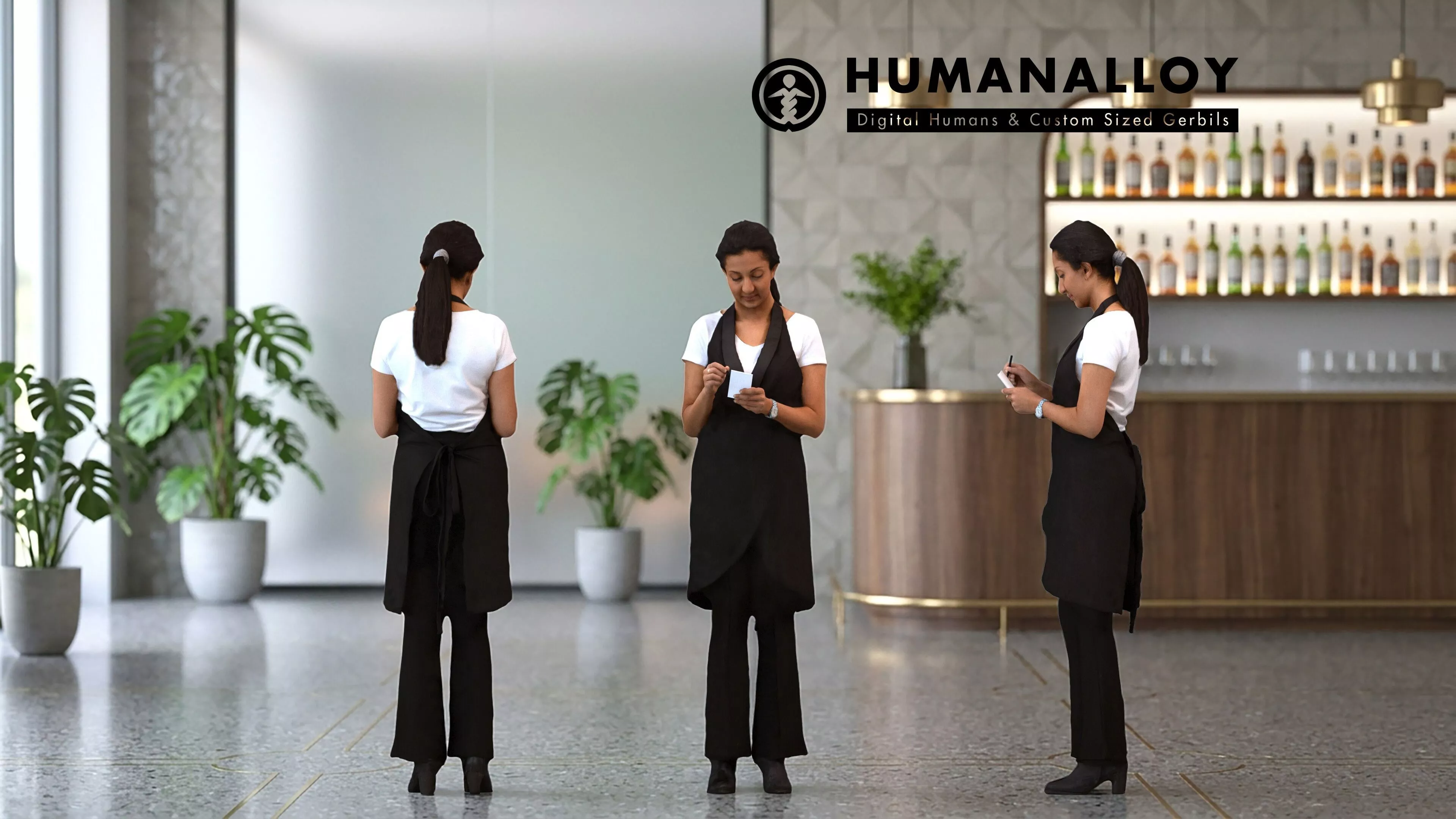 Adult Indian woman waiting in hospitality setting wearing 3D model
