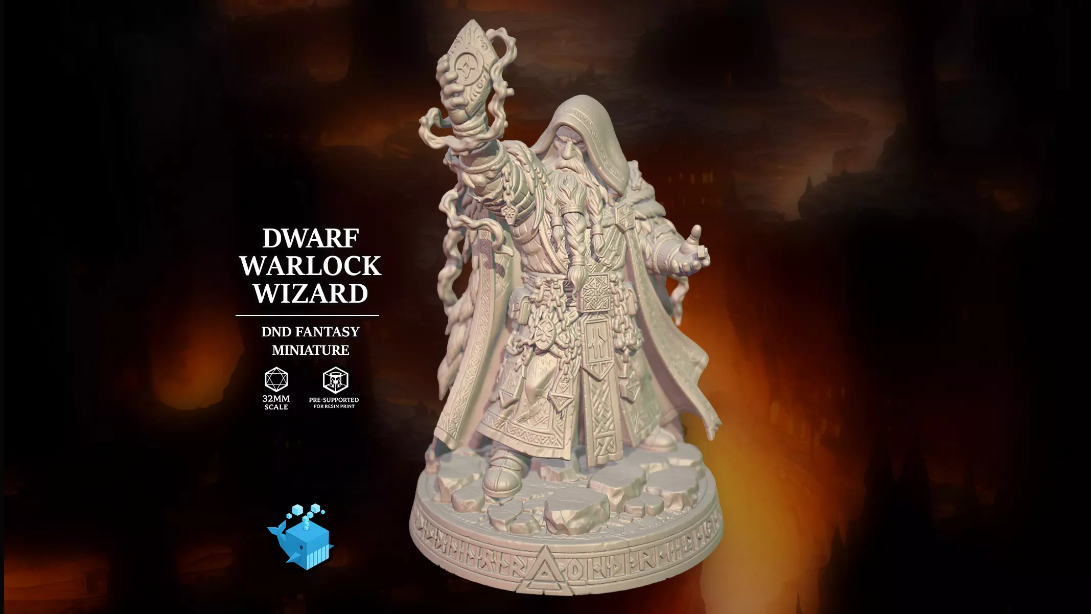 Dwarf Warlock Wizard S32mm DND Miniature Pre-Supported STL 3D print model