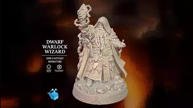 Dwarf Warlock Wizard S32mm DND Miniature Pre-Supported STL