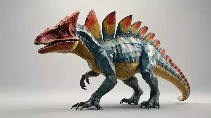 Low Poly Dilophosaurus 3D Model - Geometric Dinosaur Asset