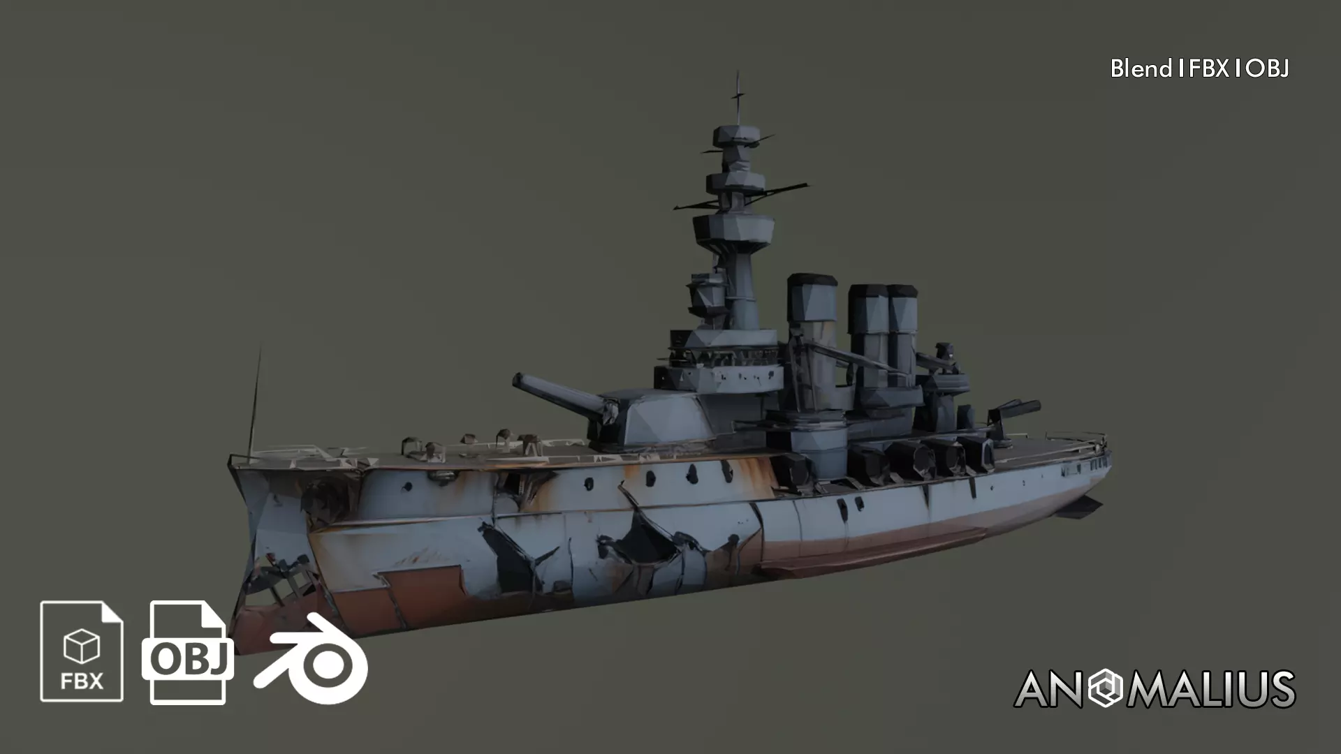 damaged battleship Free low-poly 3D model