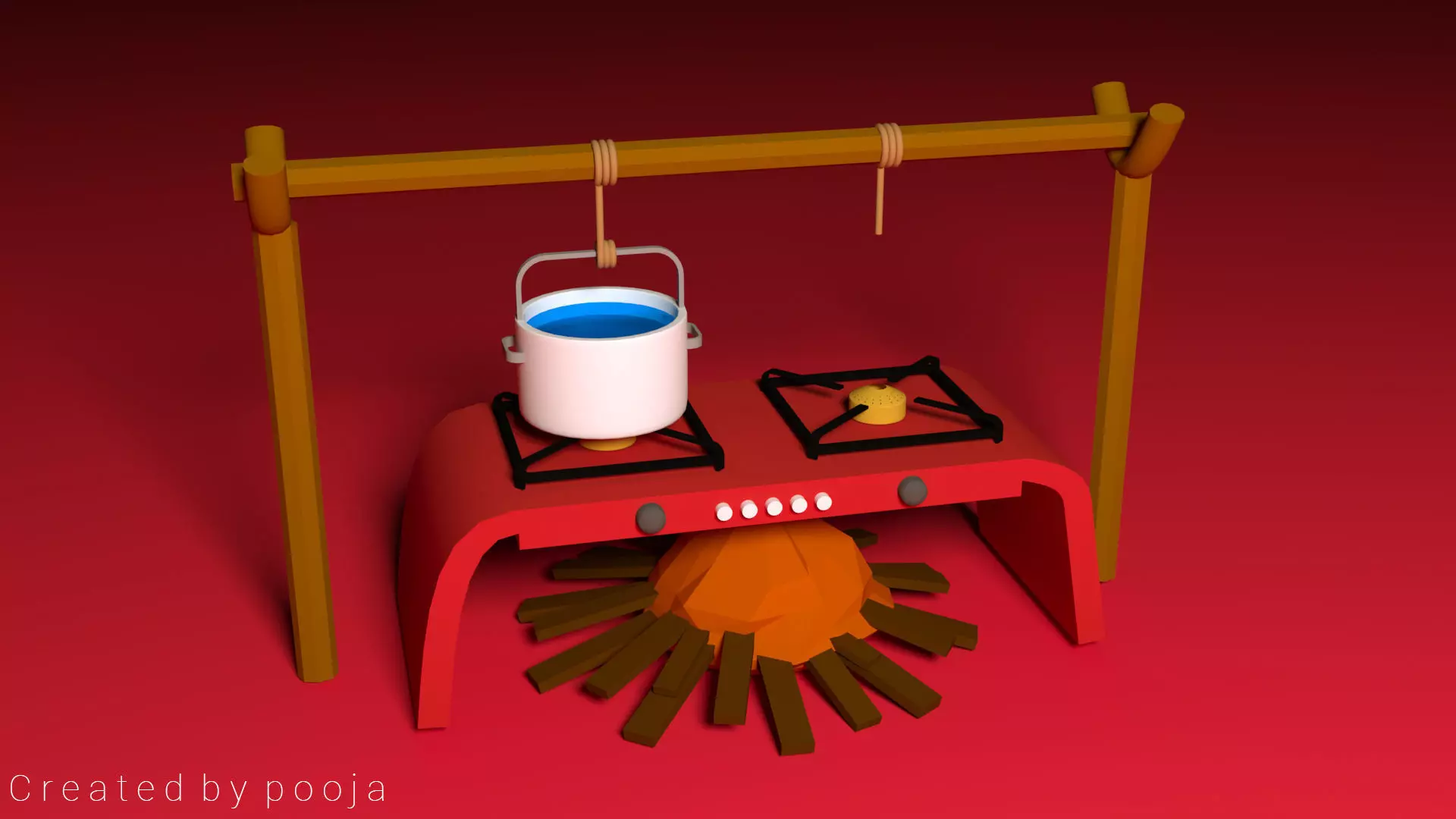 Low poly kitchen stove with bucket of water 3D model_0