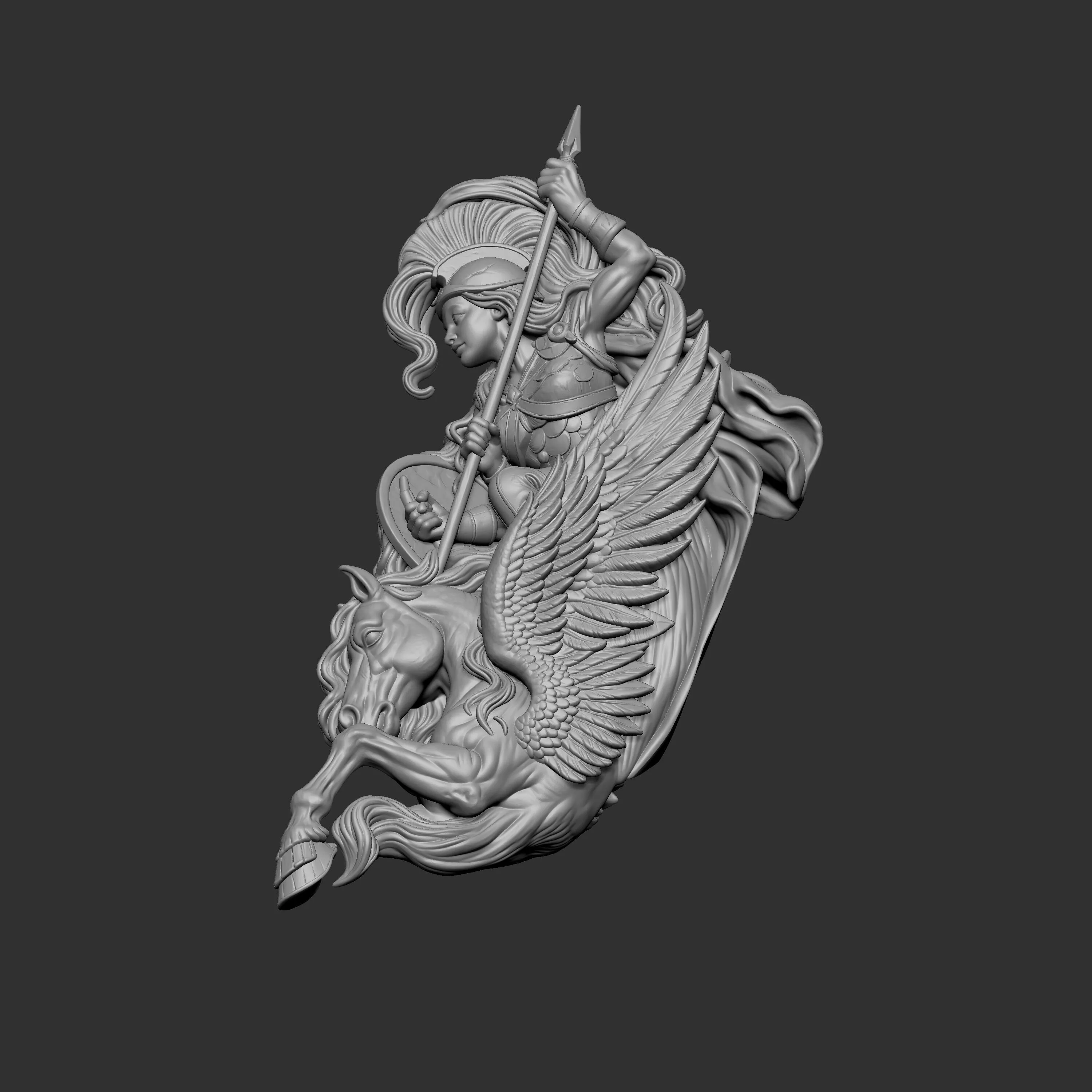 digital sculpture of a Valkyrie riding a Pegasus 3D print model