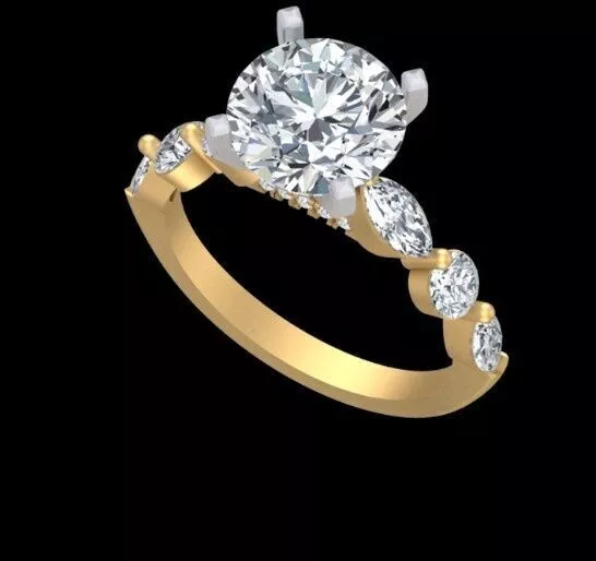 Round Diamond Marquise Accent Three Stone Engagement Ring Free 3D print model
