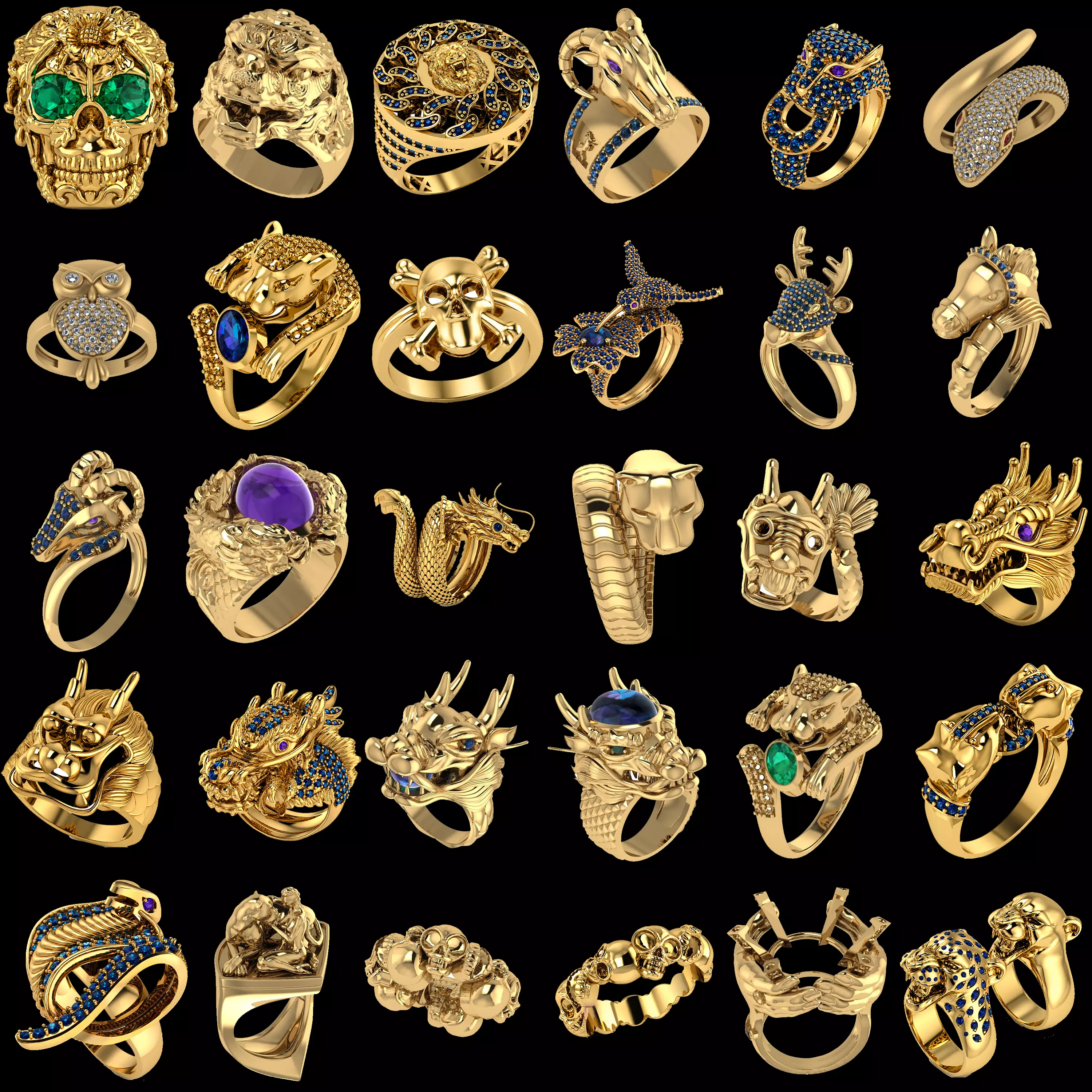 30 Luxury Animal and Mythical Fantasy Ring Collection 3D Models 3D print model