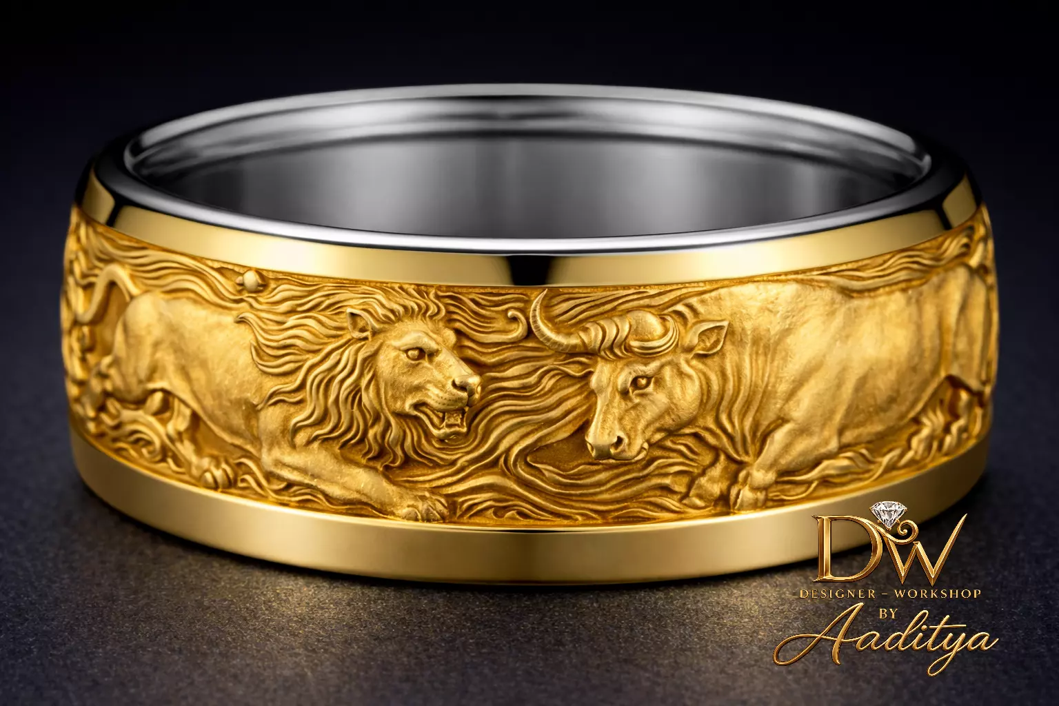 Lion Bull Engraved Wide Band Ring 3D print model