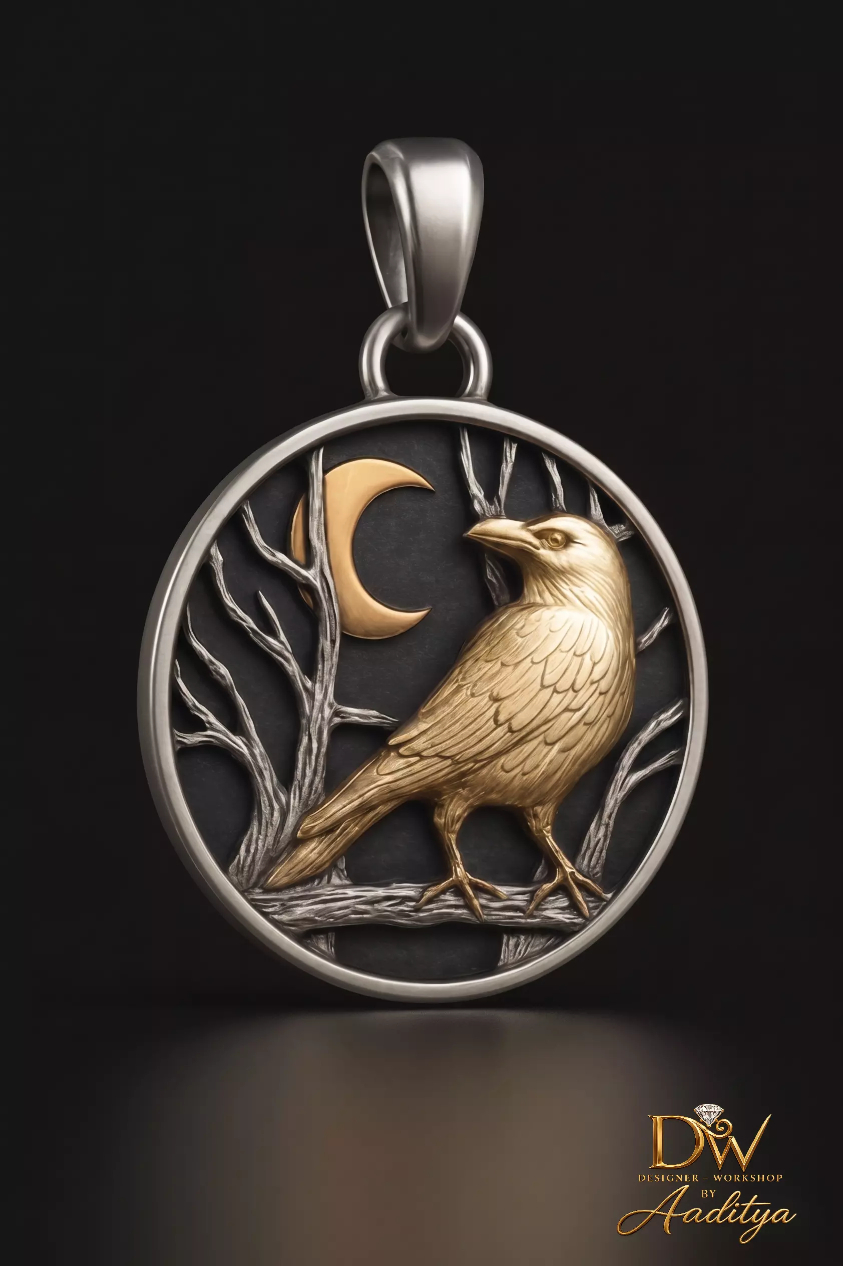 Raven Crow Crescent Moon Pendant 3D print model