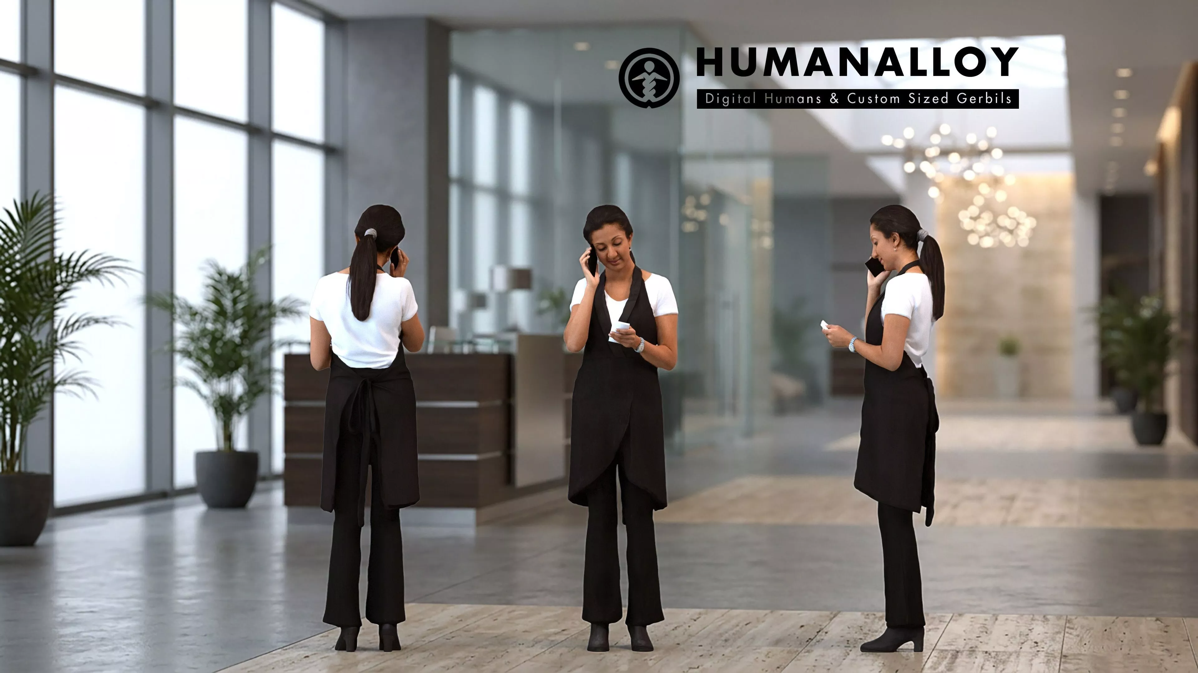 Adult Indian woman calling in hospitality setting wearing 3D model