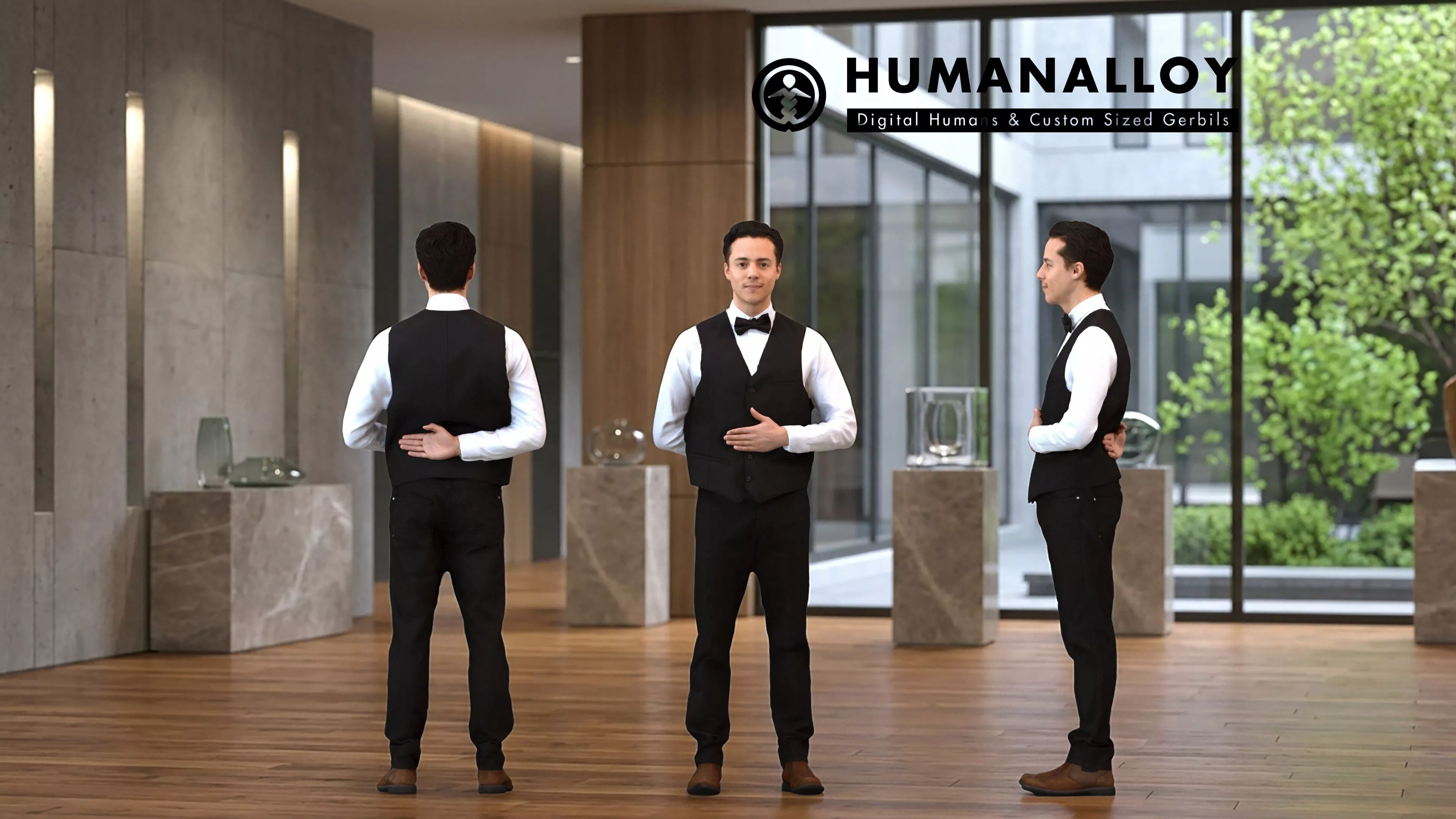 Adult Caucasian male waiting in hospitality setting wearing 3D model