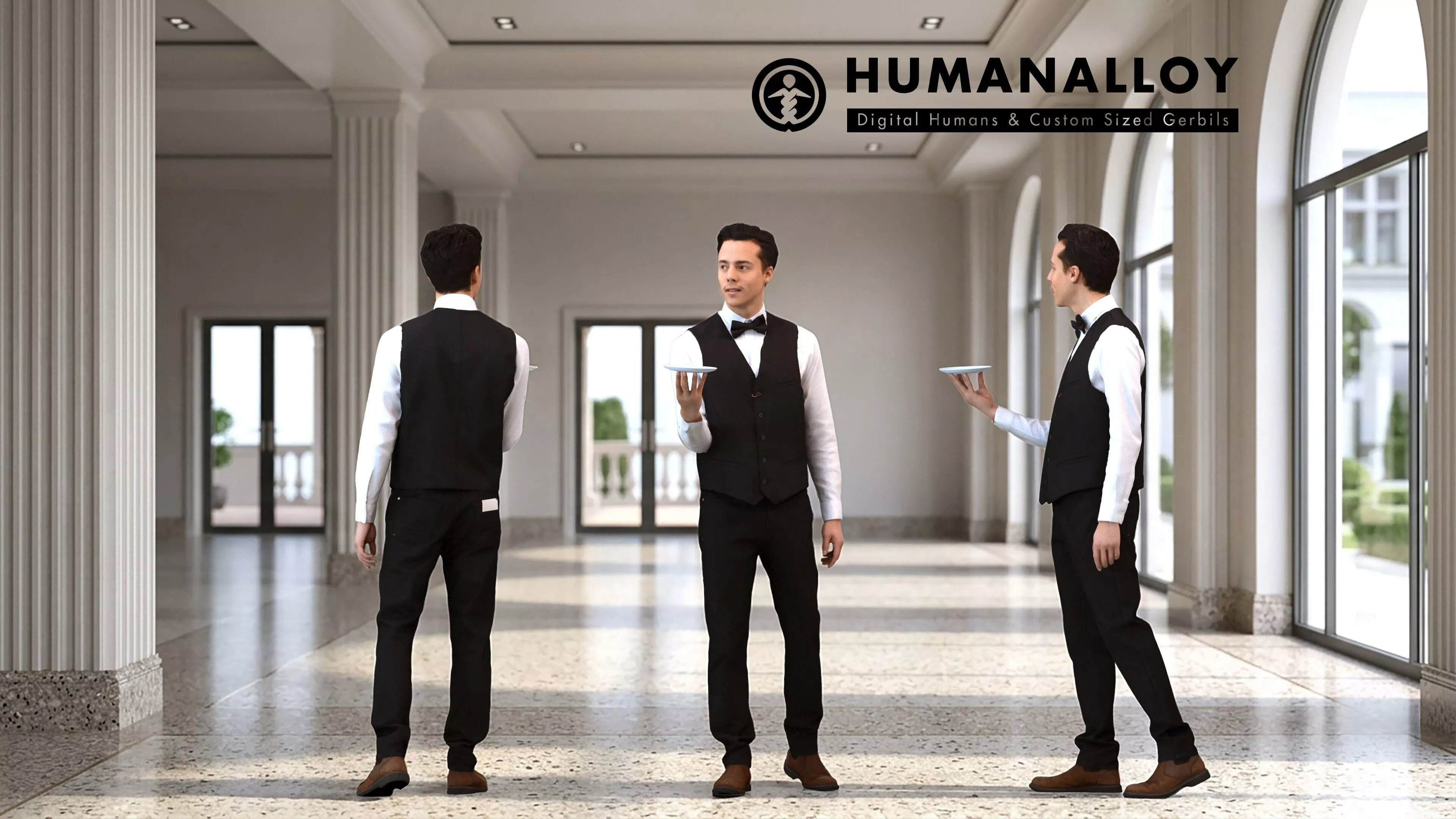 Adult Caucasian man waiting in hospitality setting wearing 3D model