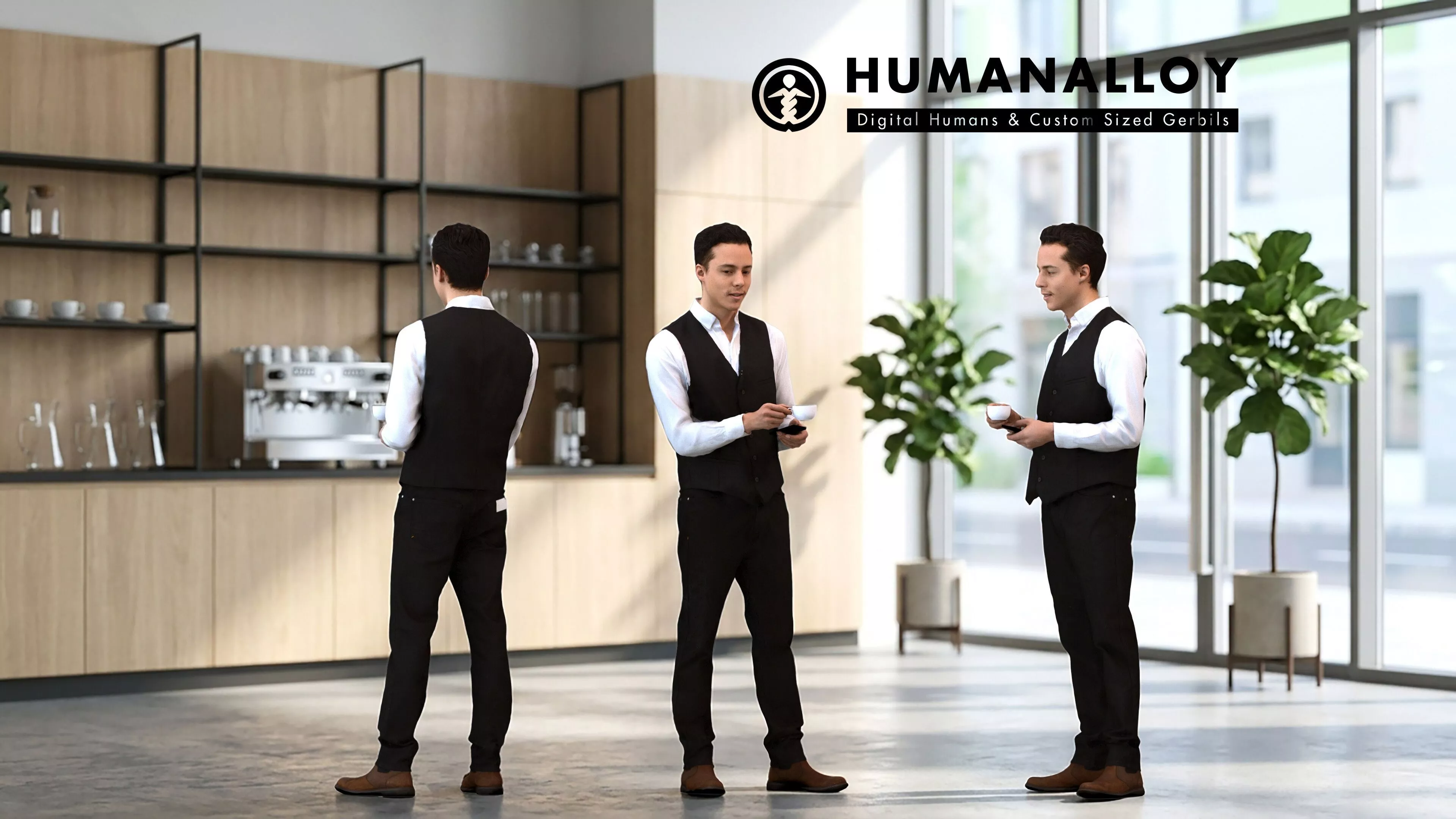 Adult Caucasian male standing in hospitality uniform for 3D model