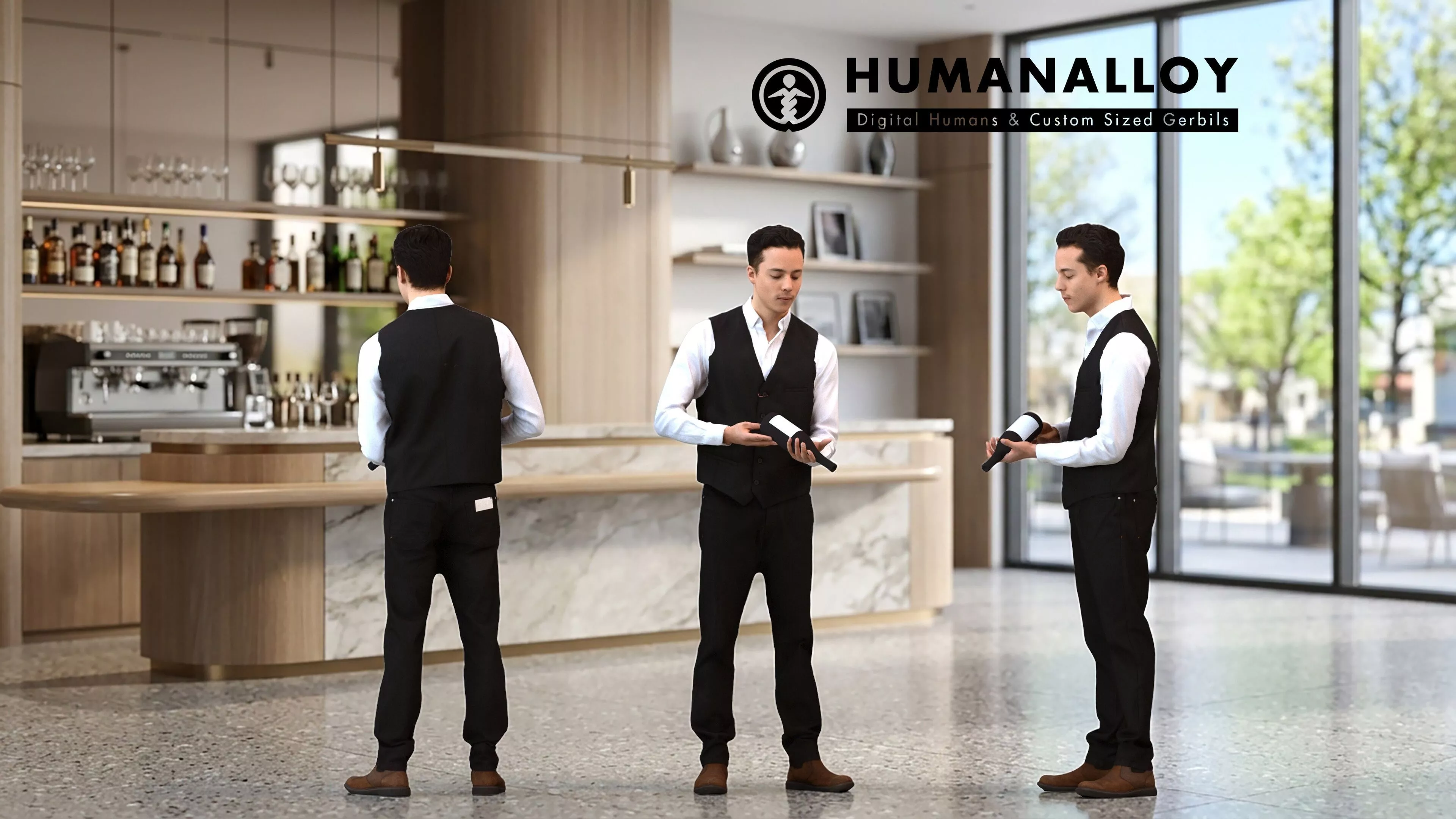 Adult Caucasian male waiting in hospitality setting wearing 3D model