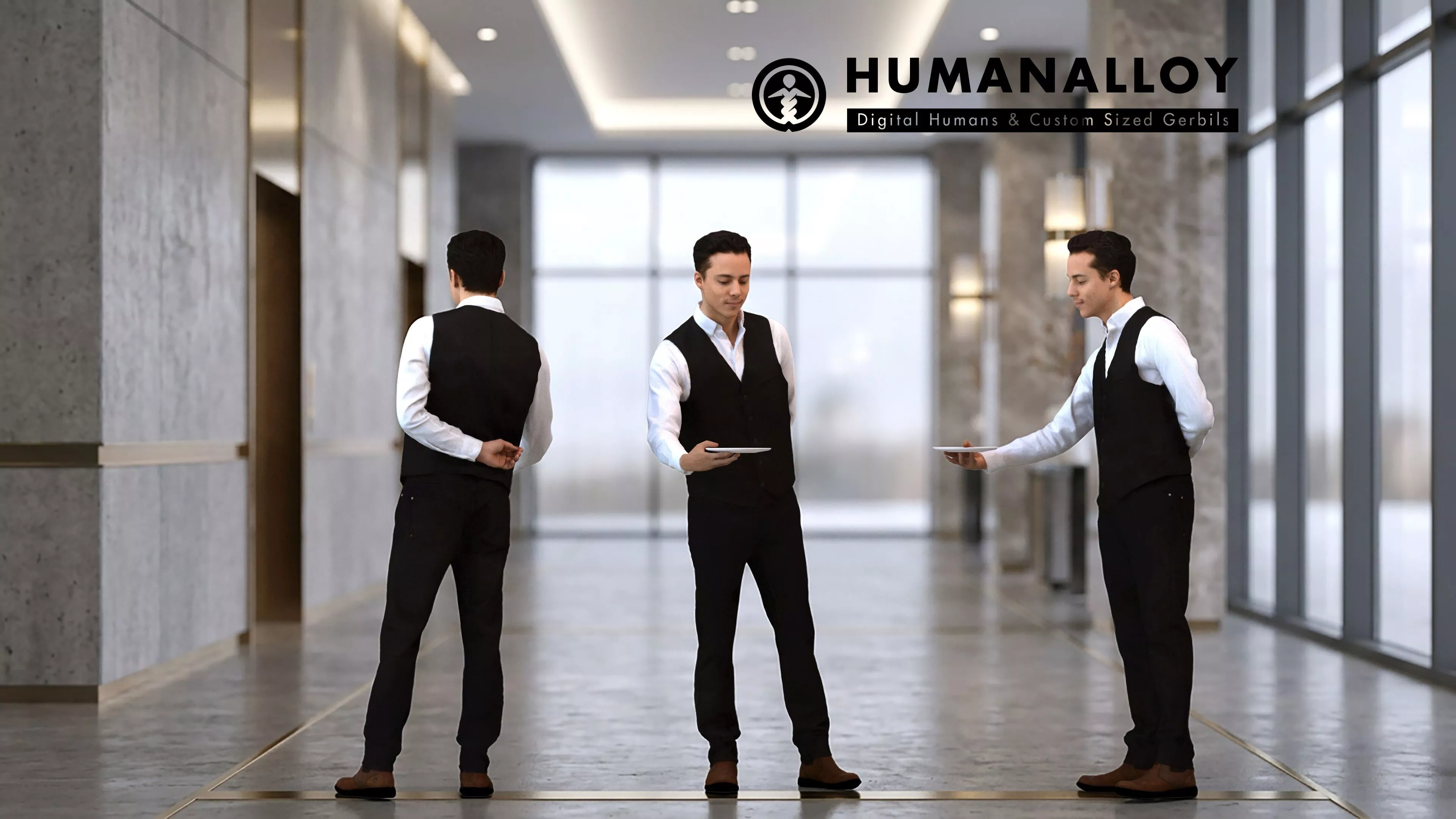Adult Caucasian male waiting in hospitality setting wearing 3D model