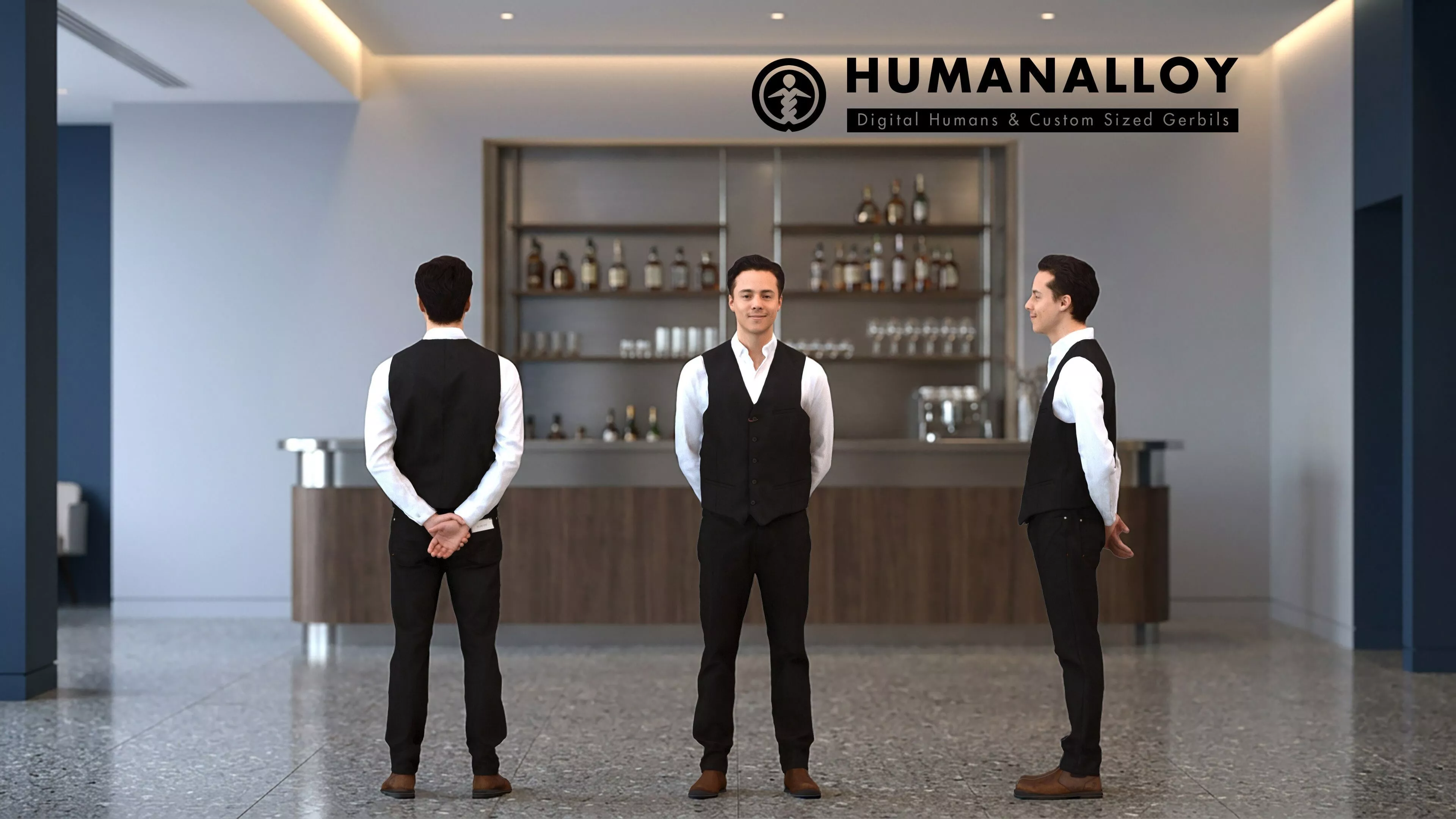 Adult Caucasian man waiting in hospitality setting wearing 3D model