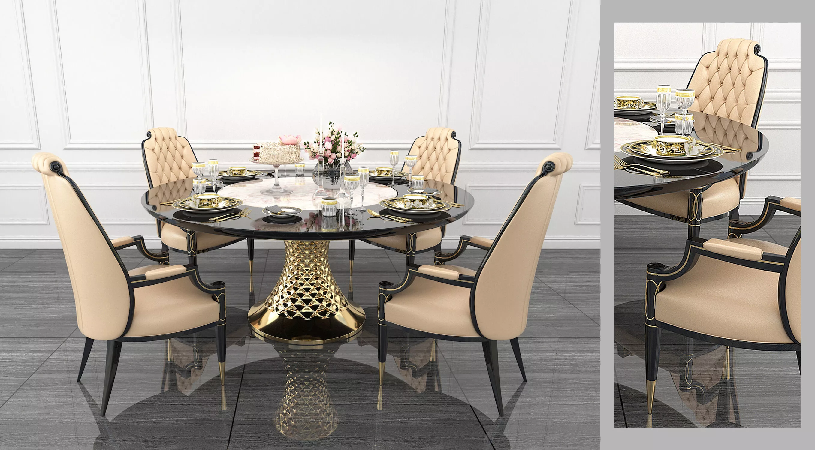 Luxury Gold Accent Round Dining Table and Chairs Set 3D model