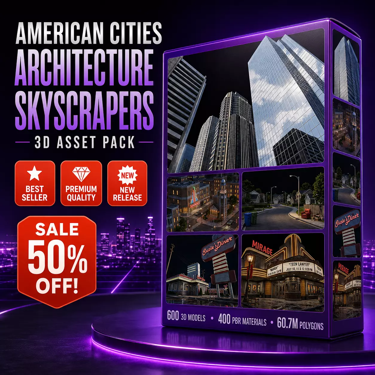 American Cities Architecture Skyscrapers 3D Asset Pack Low-poly 3D model