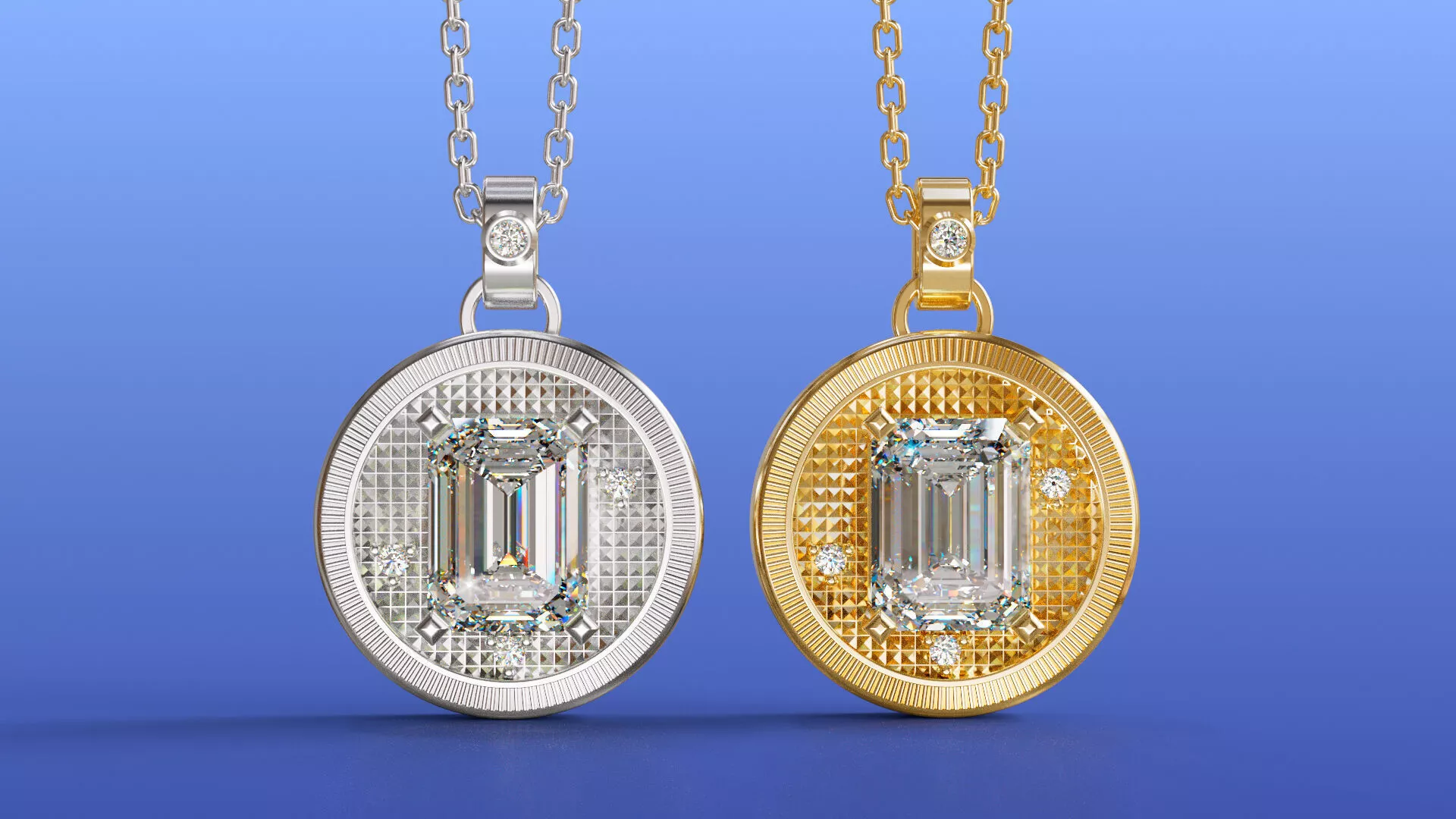 Emerald-Cut Coin Pendant with Fluted Bezel Diamond Accents 3D print model