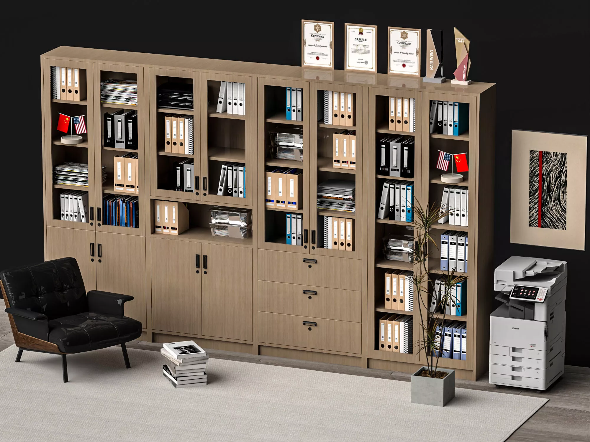 Office Filing Cabinet Bookshelf Set Low-poly 3D model