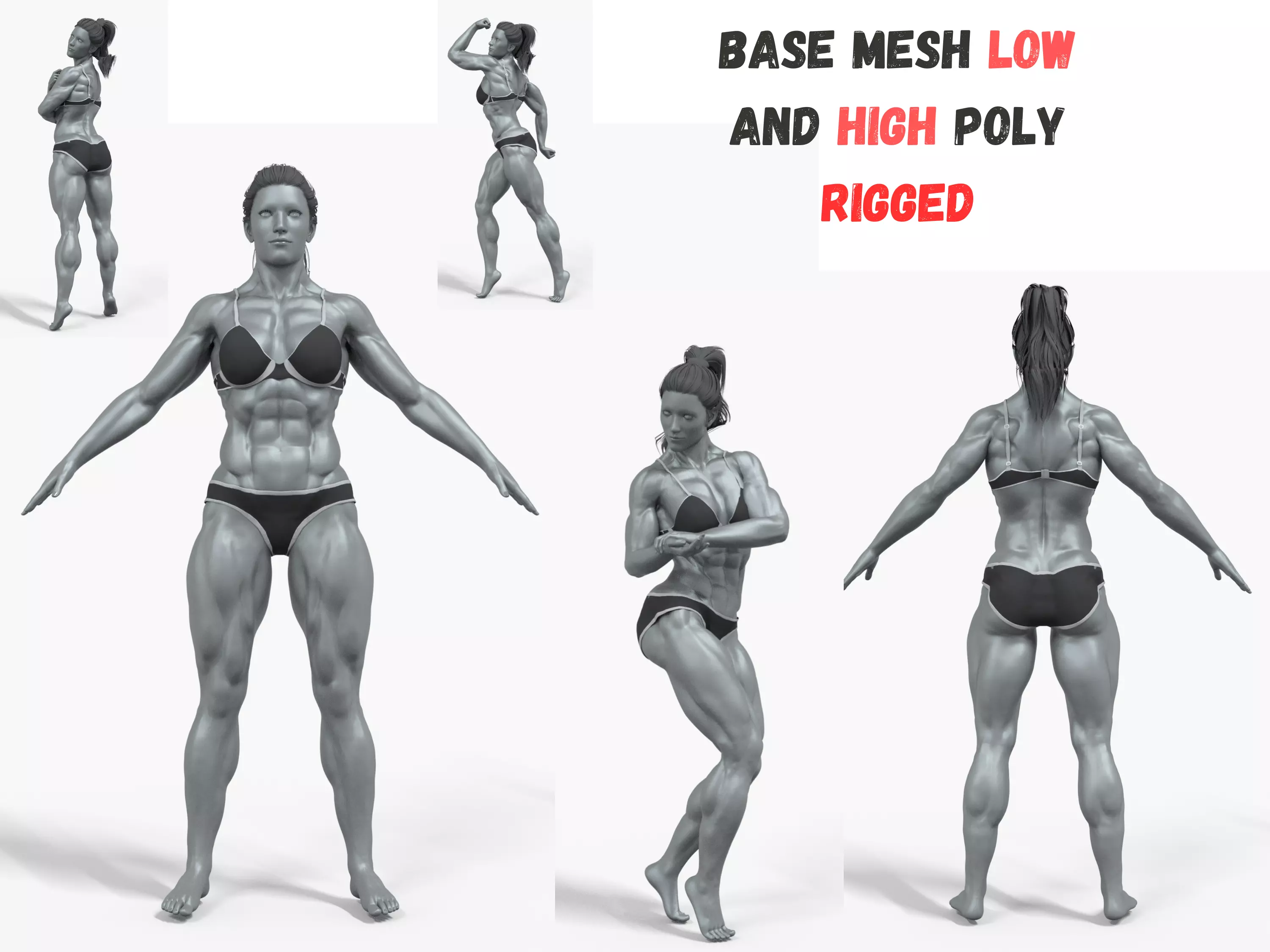 Base Mesh - Female BodyBuilder High And Low Poly Rigged Low-poly 3D model