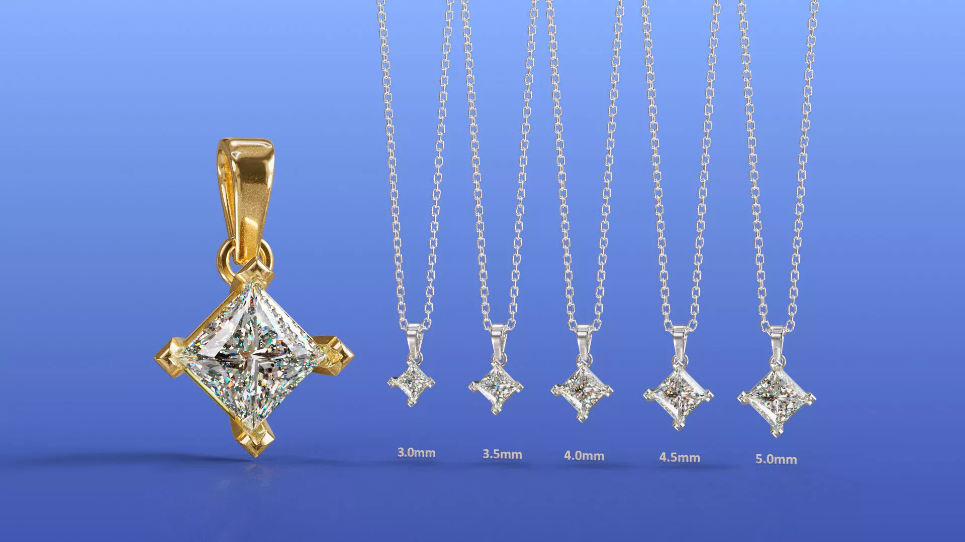 Classic Princess Cut Diamond Solitaire Pendant 5 Size Collection 3D print model