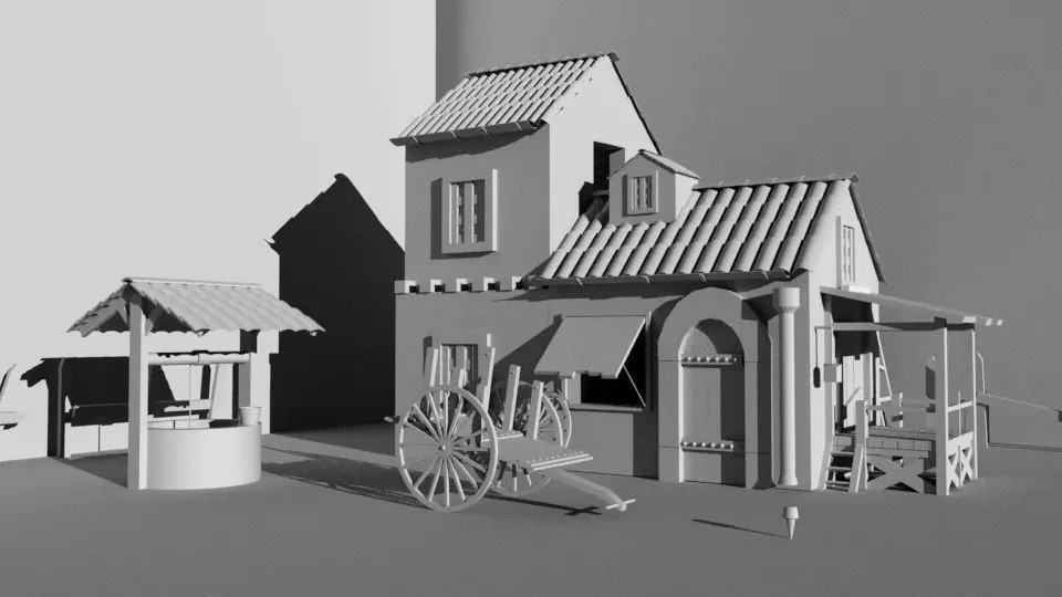 House with wagon 3D model_0