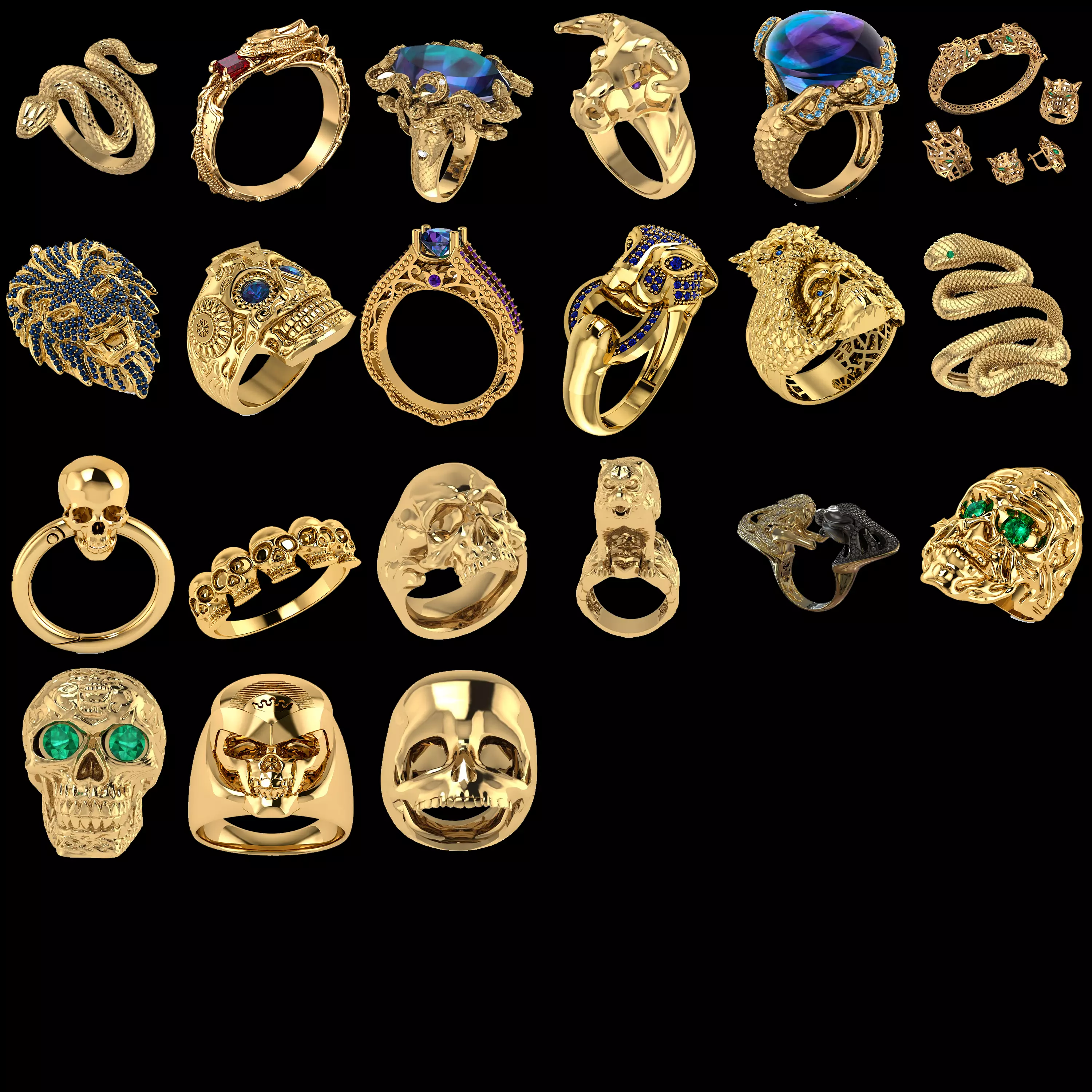 21 Skull and Animal Fantasy Luxury Ring 3D Models Combo Pack 3D print model