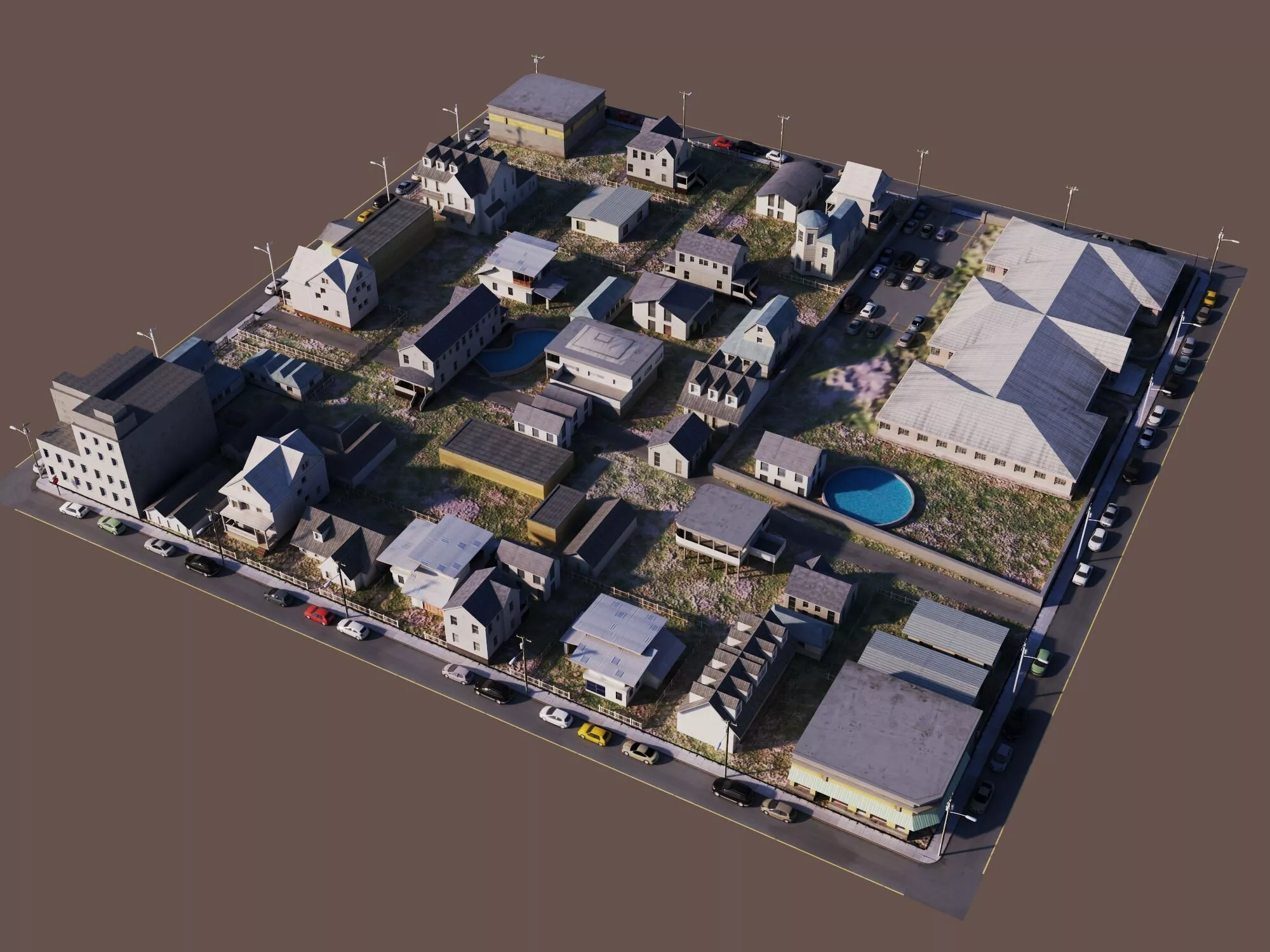 Suburban Neighborhood City Block Scene Low-poly 3D model