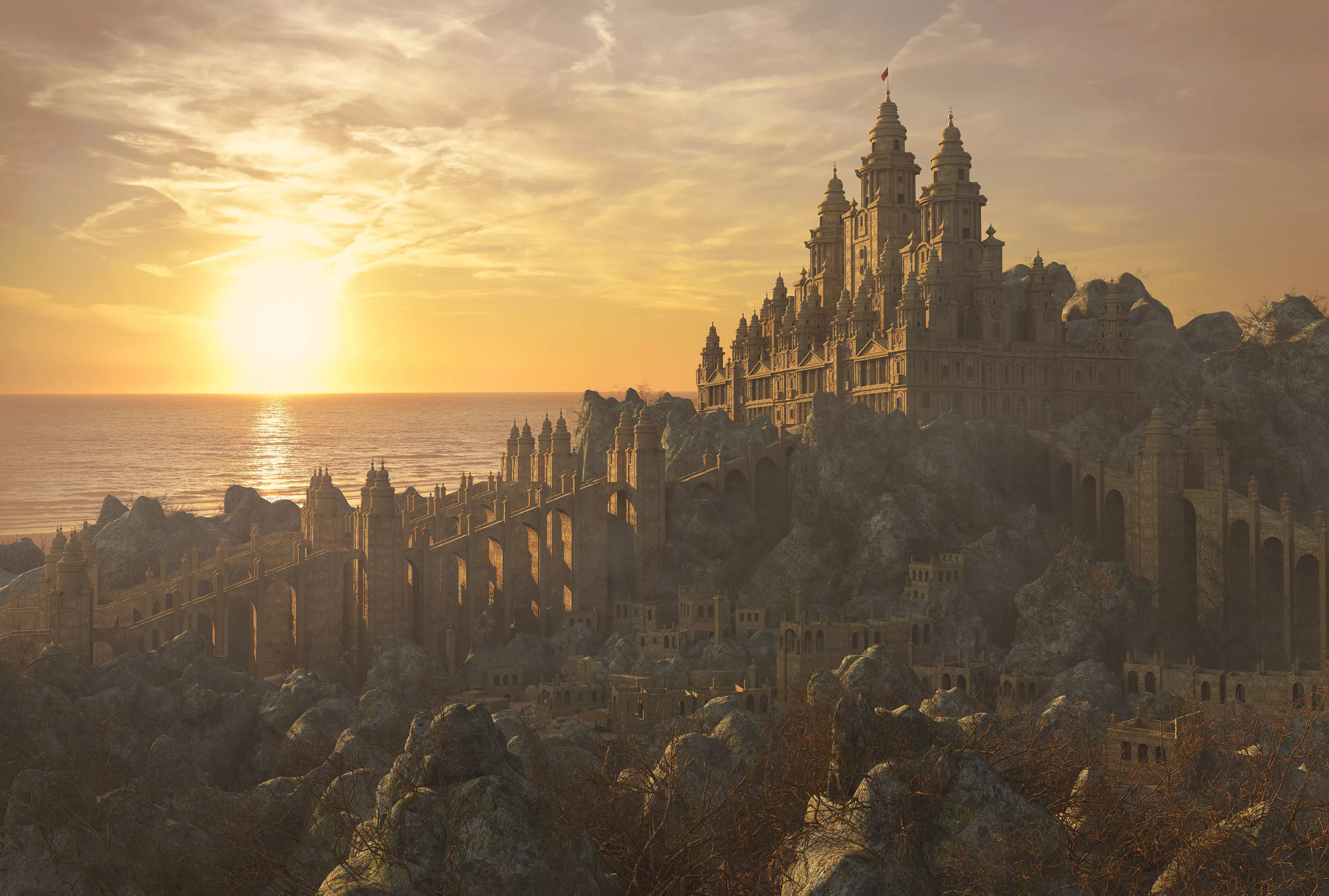 Sunset Fantasy Ancient City Castle 3D model