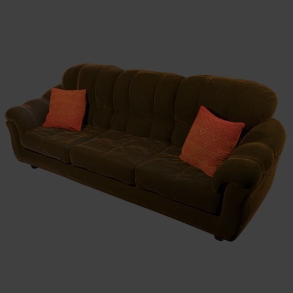 Couch and Pillows - Brown Velvet Low-poly 3D model_0