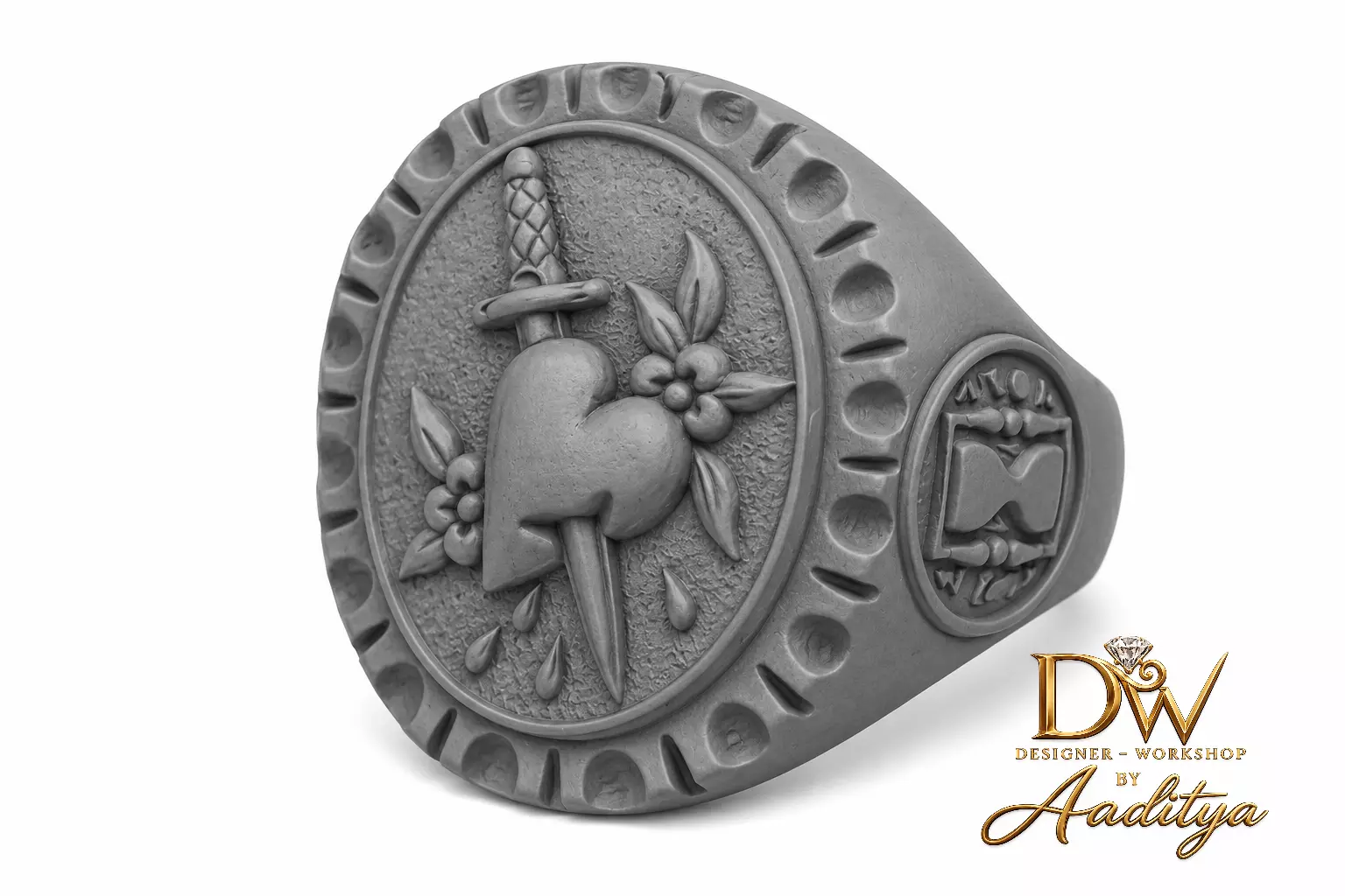 Sacred Heart Dagger Signet Ring 3D print model