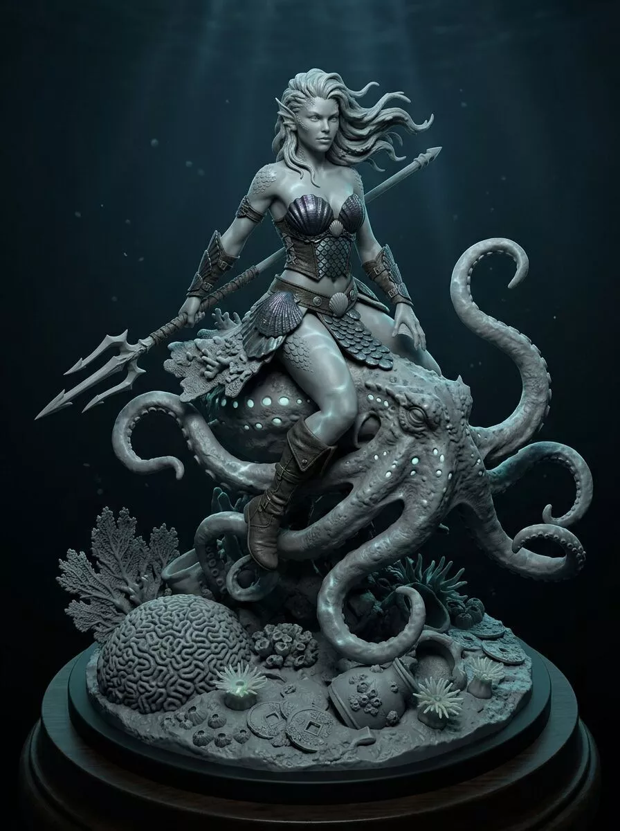 Sea Siren Trident Warrior Giant Octopus Mount 3D print model