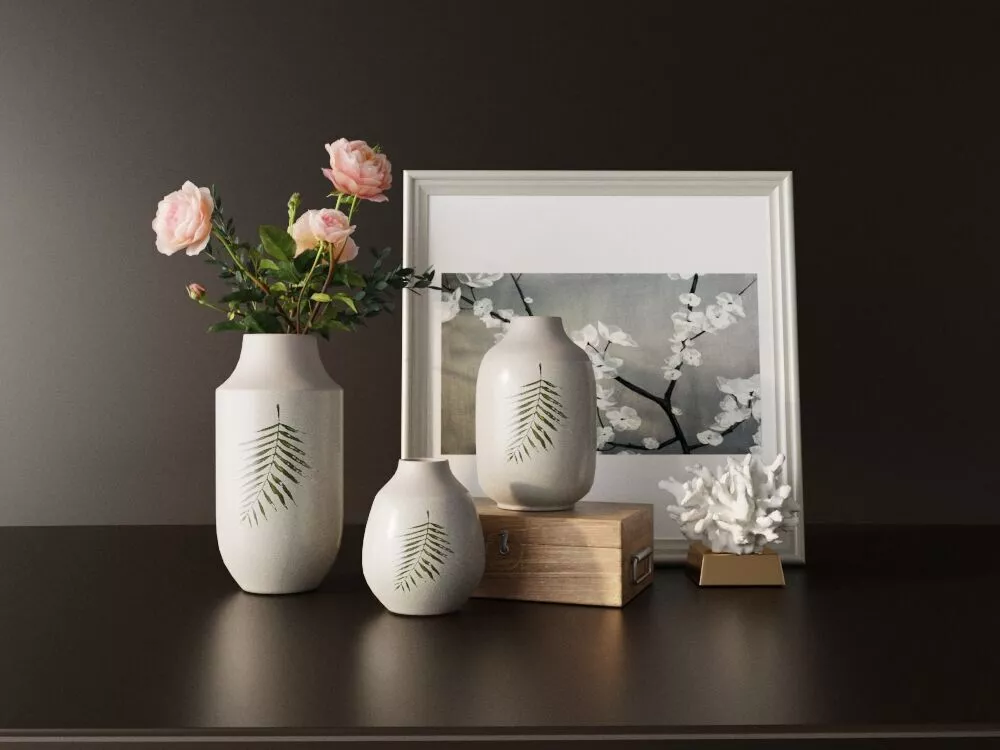 Minimalist Ceramic Vases with Leaf Pattern 3D model