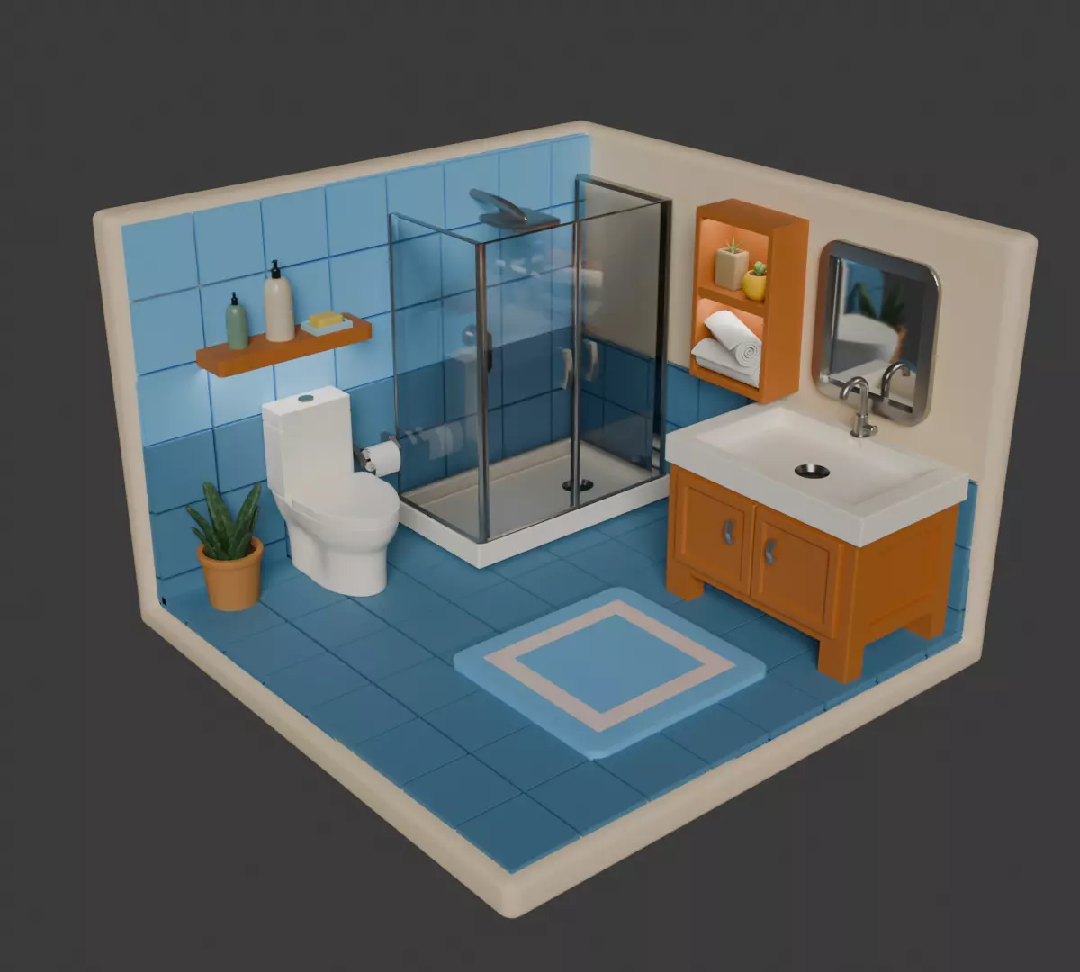 Stylized Isometric Bathroom Interior - Game Ready Low-poly 3D model
