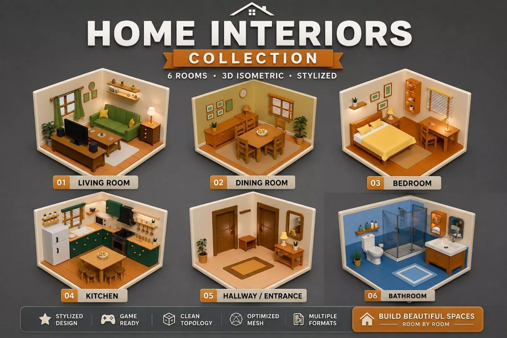 Home Interiors Collection - 6 Isometric Rooms Game Ready 3D Model Pack