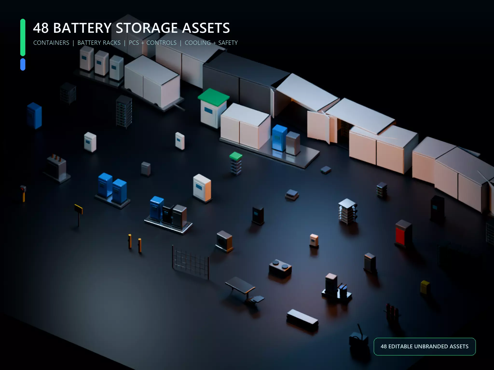 Modular Battery Energy Storage System BESS Kit - 48 Assets Low-poly 3D model