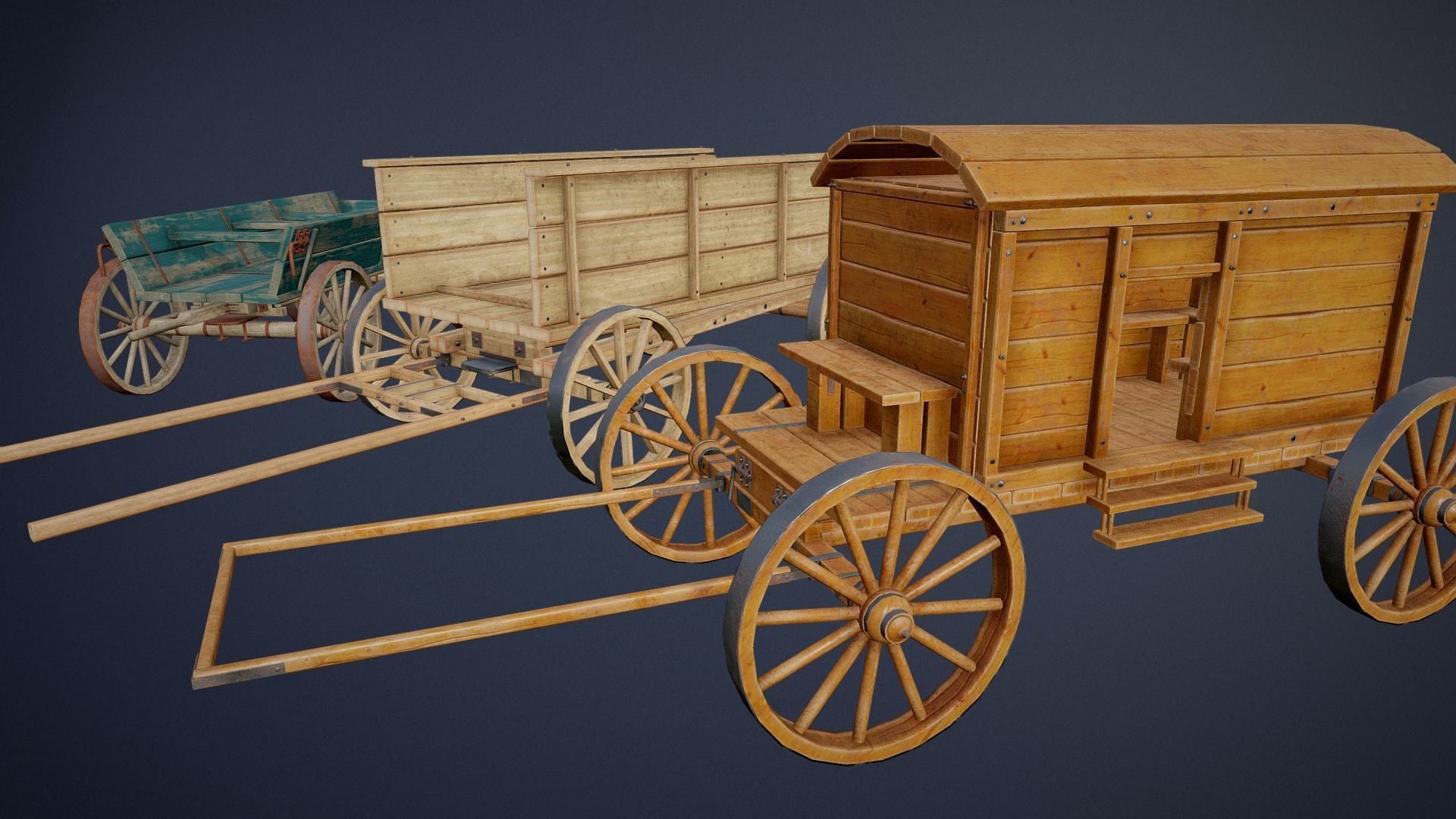 Wooden Carts modular asset pack Free low-poly 3D model_1